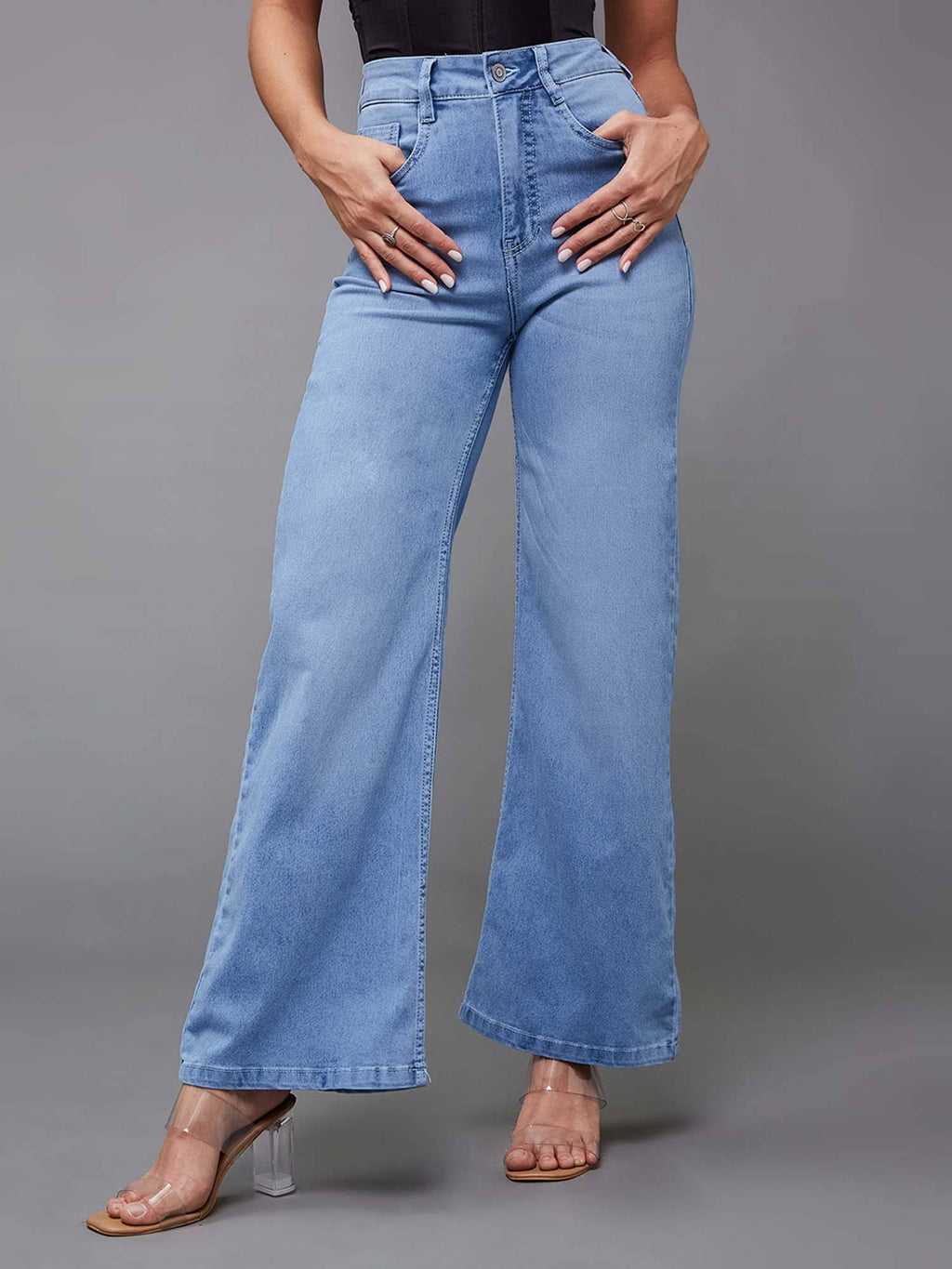 Blue Solid Plain Wide Fit Jeans | WL90 - view 1
