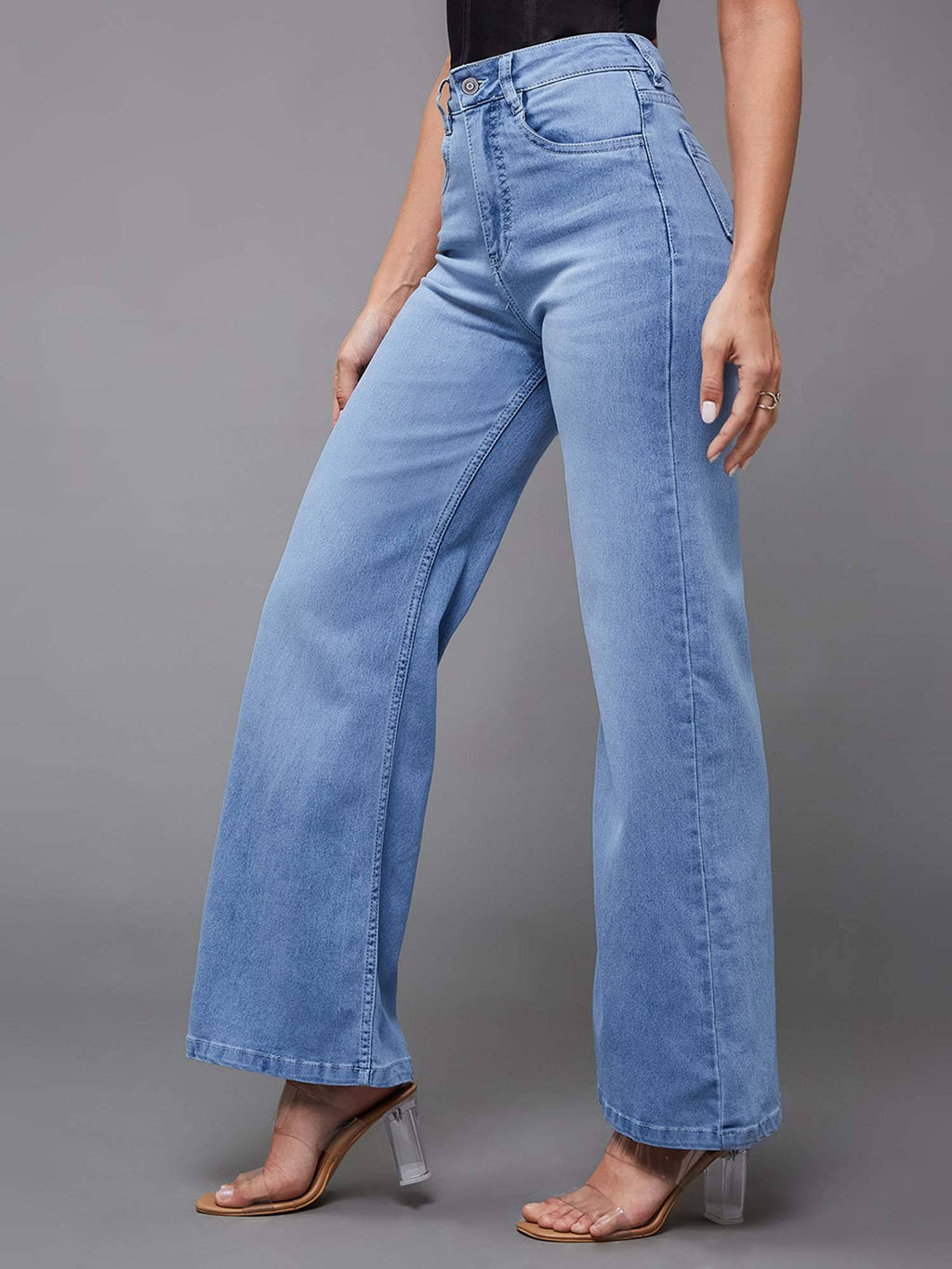 Blue Solid Plain Wide Fit Jeans | WL90 - view 2