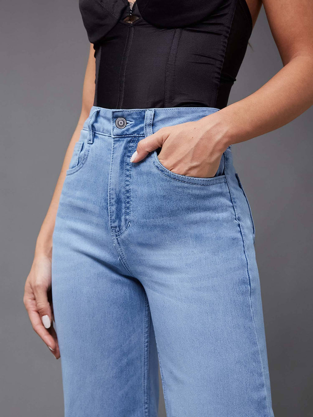 Blue Solid Plain Wide Fit Jeans | WL90 - view 3