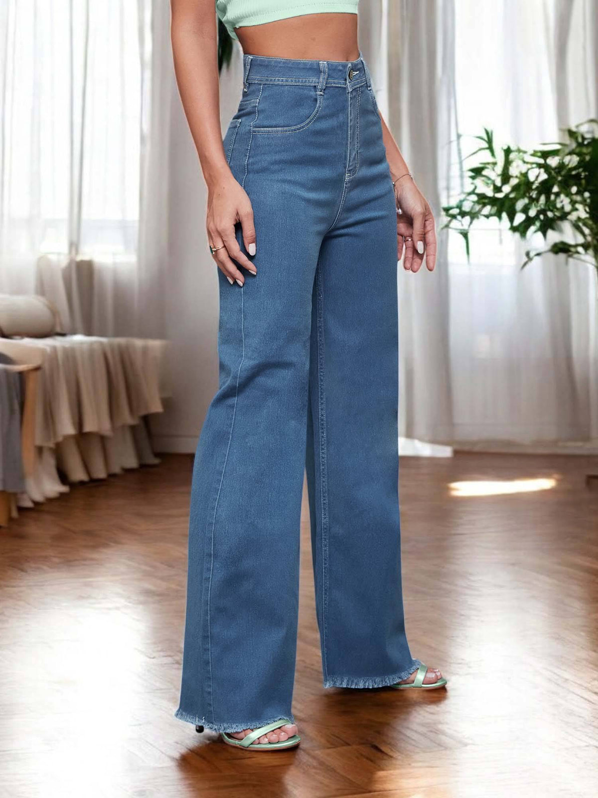Blue Solid Plain Wide Fit Jeans | WL90 - view 1