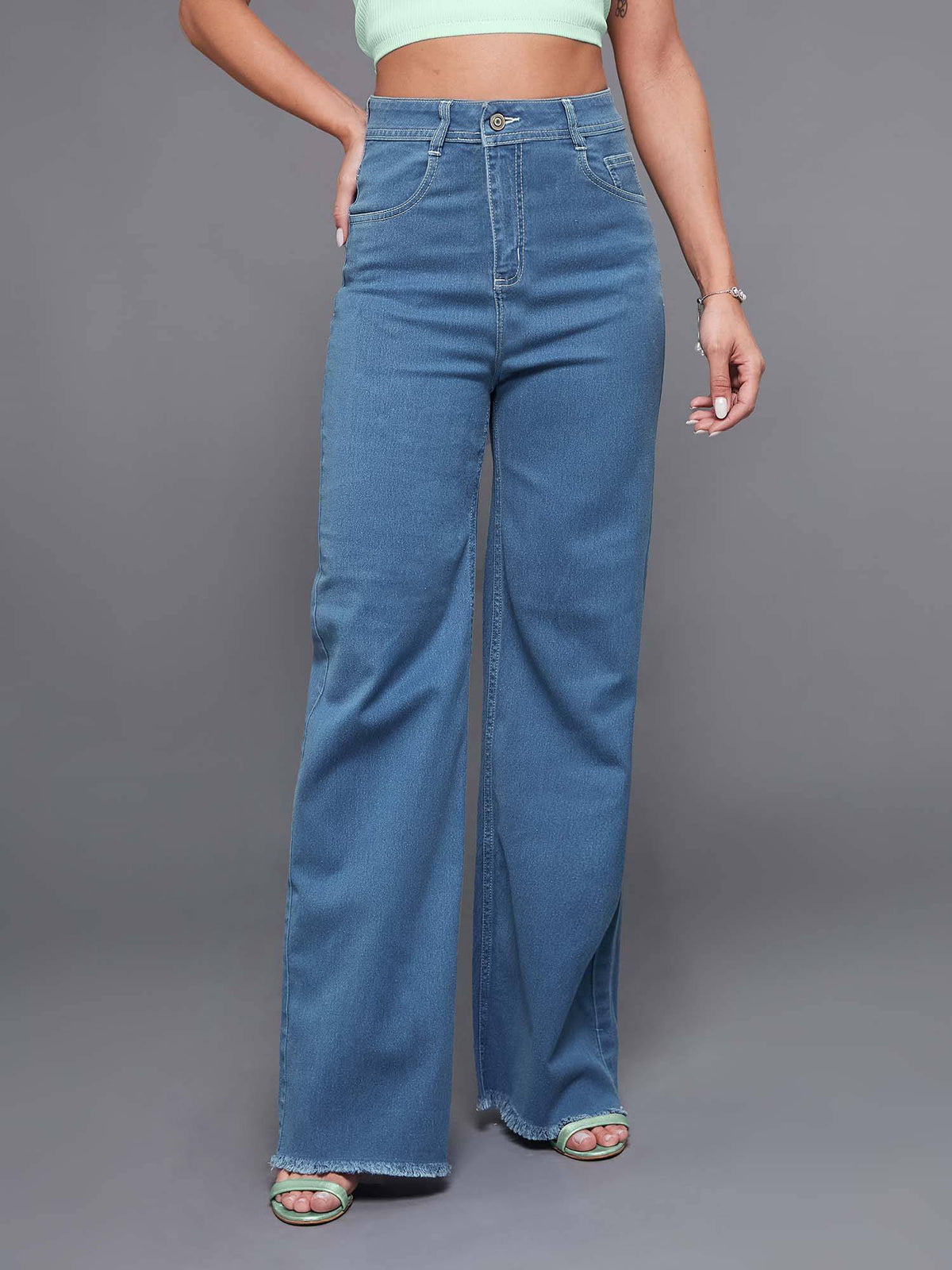 Blue Solid Plain Wide Fit Jeans | WL90 - view 2