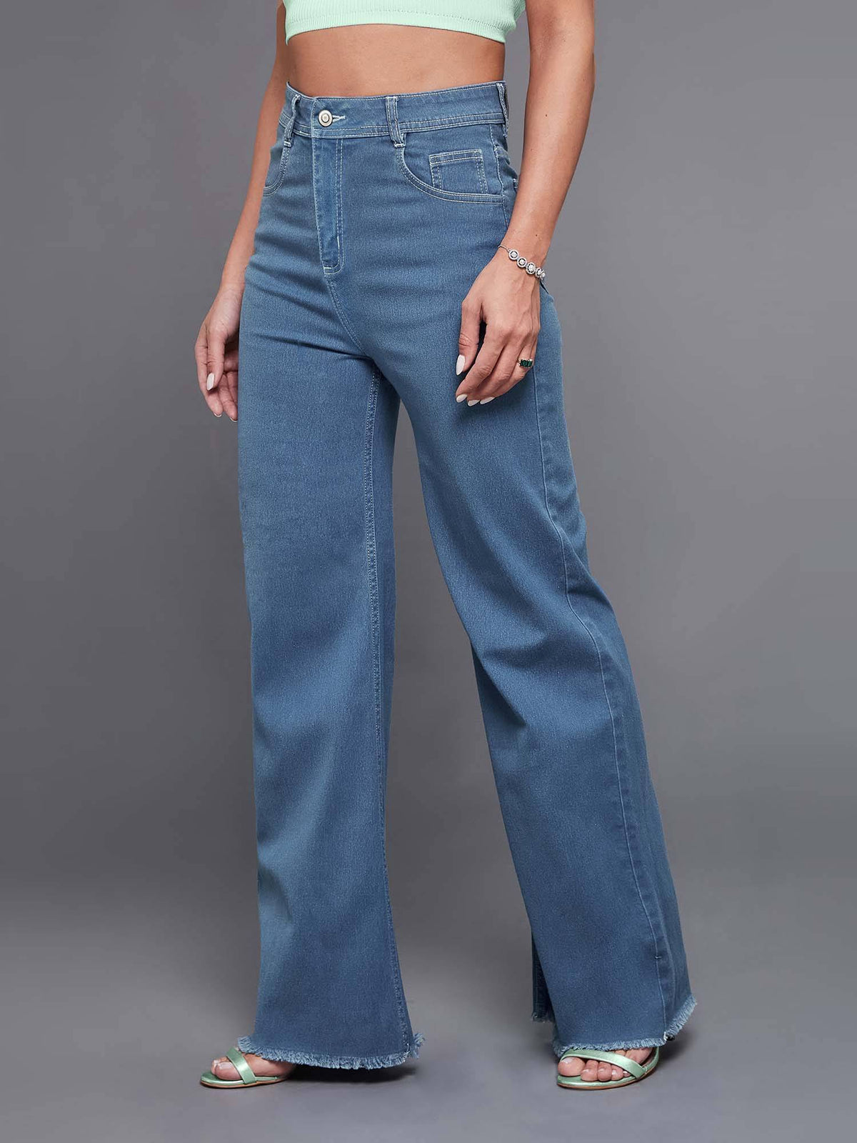 Blue Solid Plain Wide Fit Jeans | WL90 - view 3