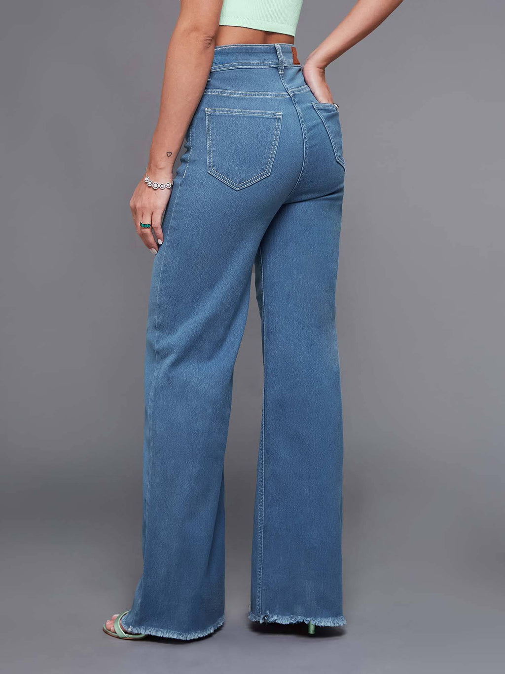 Blue Solid Plain Wide Fit Jeans | WL90 - view 4