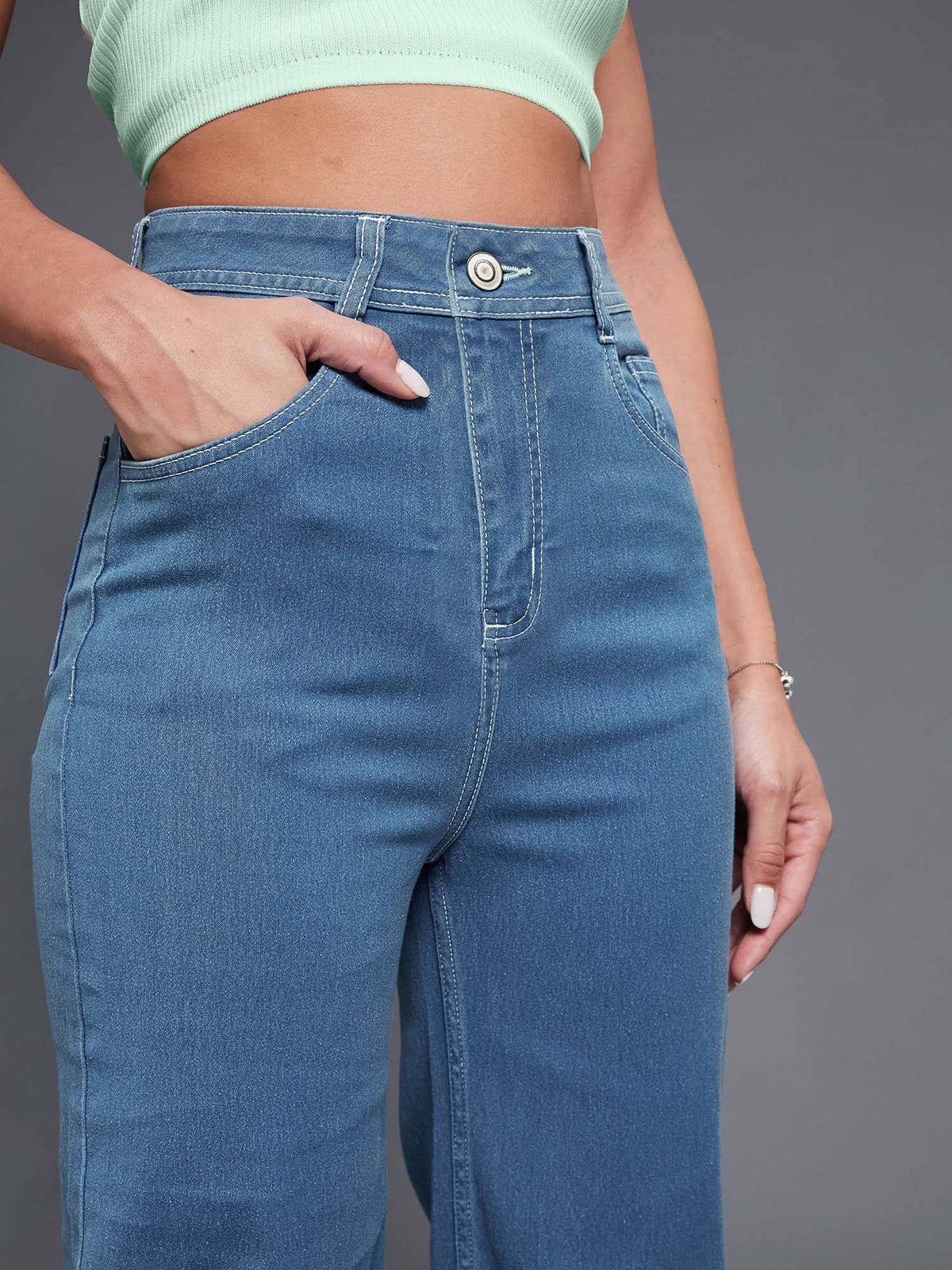 Blue Solid Plain Wide Fit Jeans | WL90 - view 5