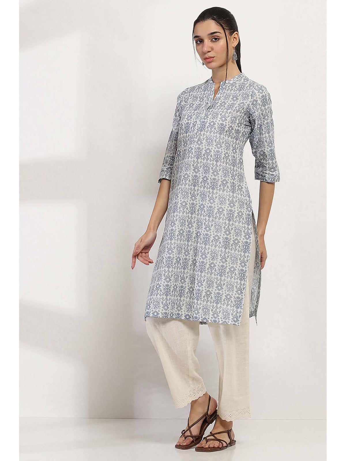 Women Grey Cotton Straight Kurta | KDG - view 3