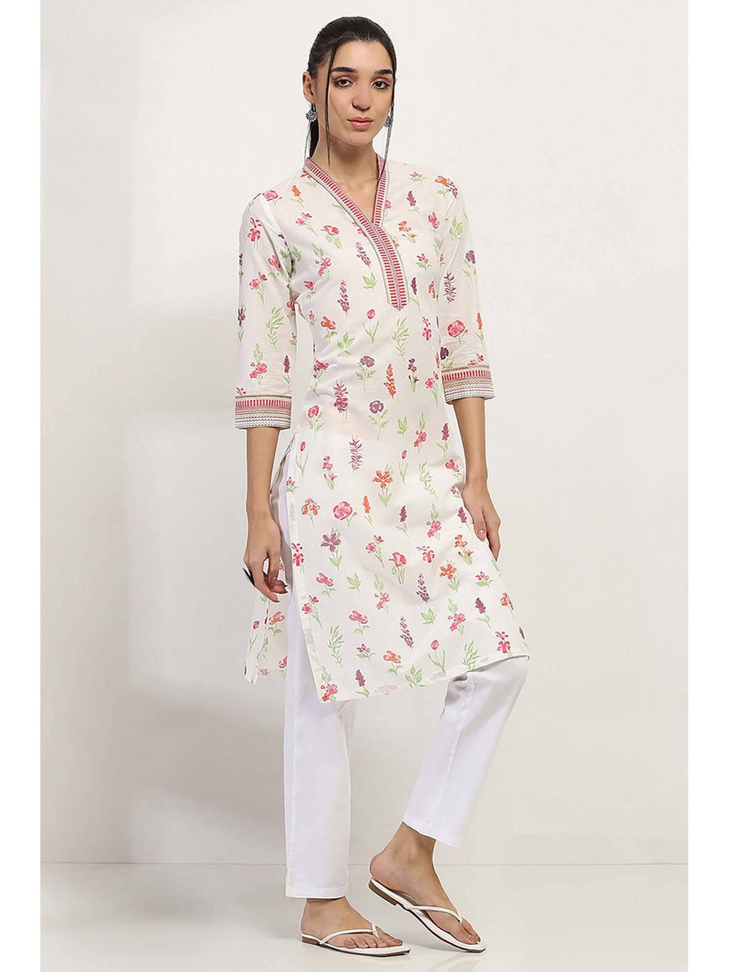 Women Off White Cotton Straight Kurta | FY93 - view 5