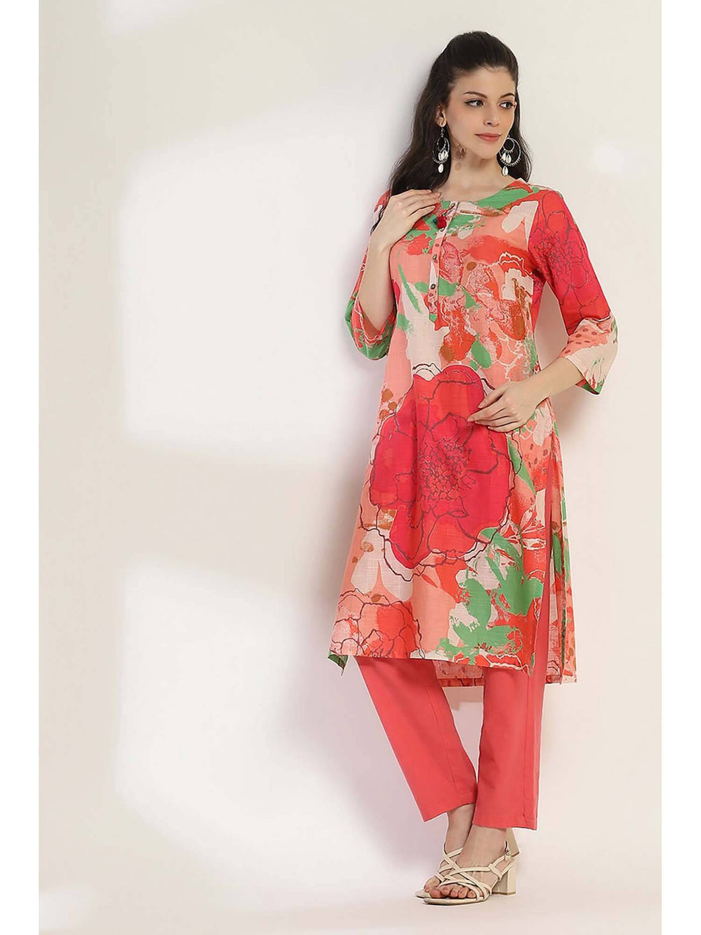 Women Coral Cotton Straight Kurta | FY93 - view 1