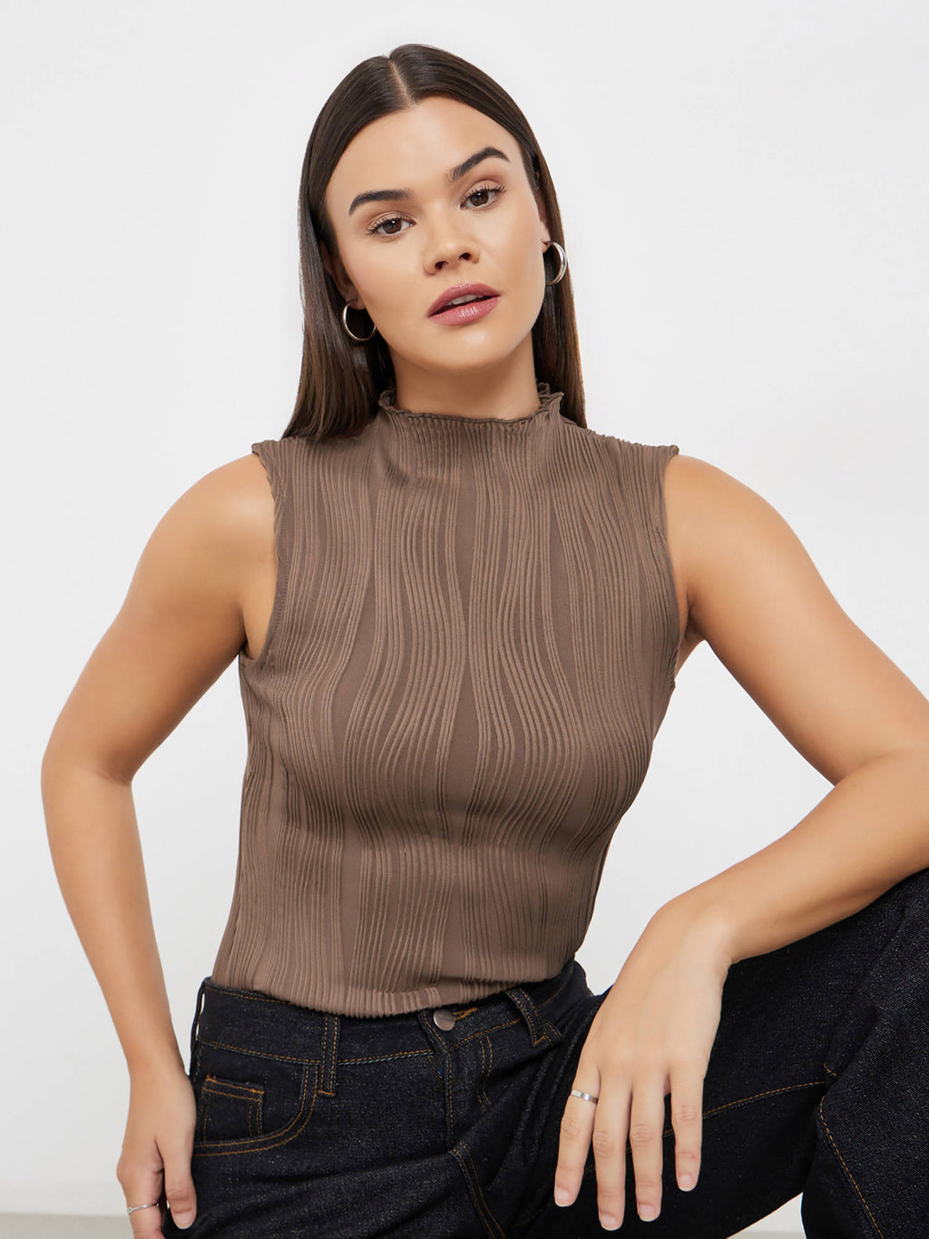 Cream Self Design Polyester Fitted Top | TT98 - view 10