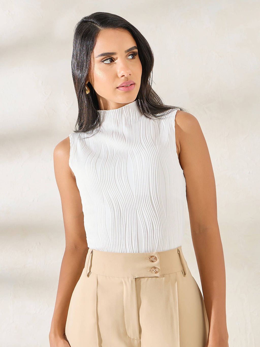 Cream Self Design Polyester Fitted Top | TT98 - view 1