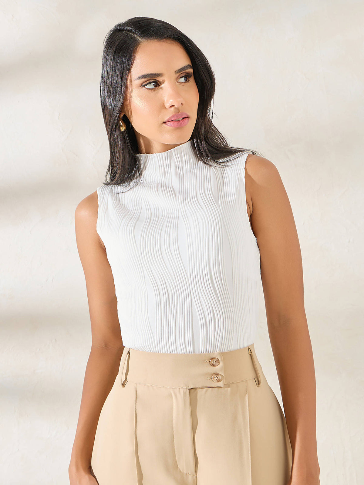 Cream Self Design Polyester Fitted Top | TT98 - view 1
