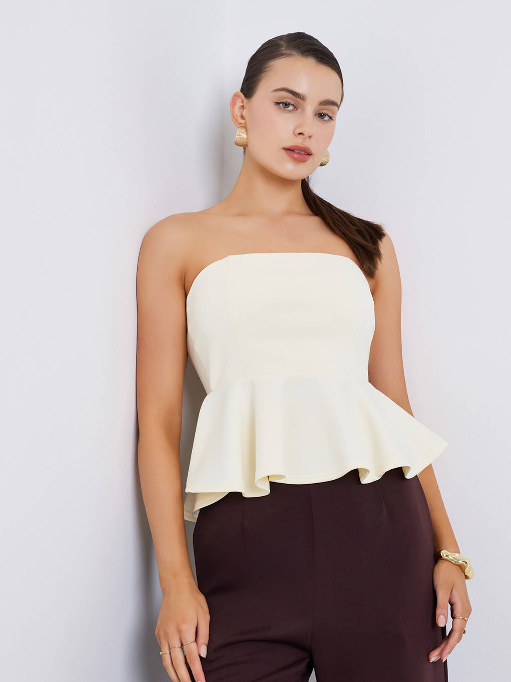Off White Solid Polyester Regular Top | TT90 - view 1