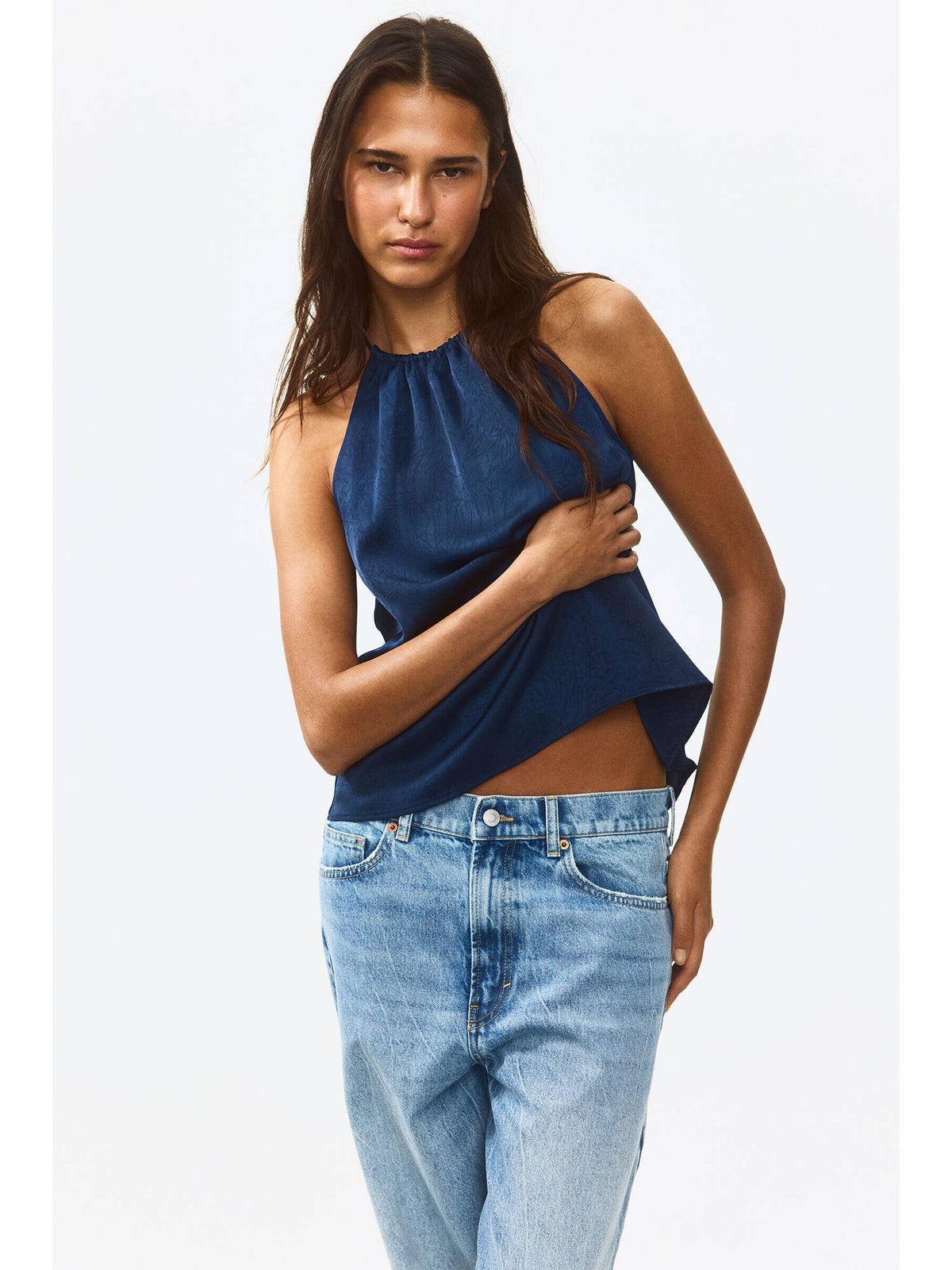 Women Blue Crinkled Satin Top | HT67 - view 2