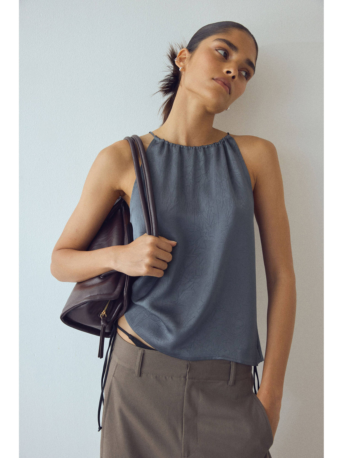 Women Grey Crinkled Satin Top | HT67 - view 1