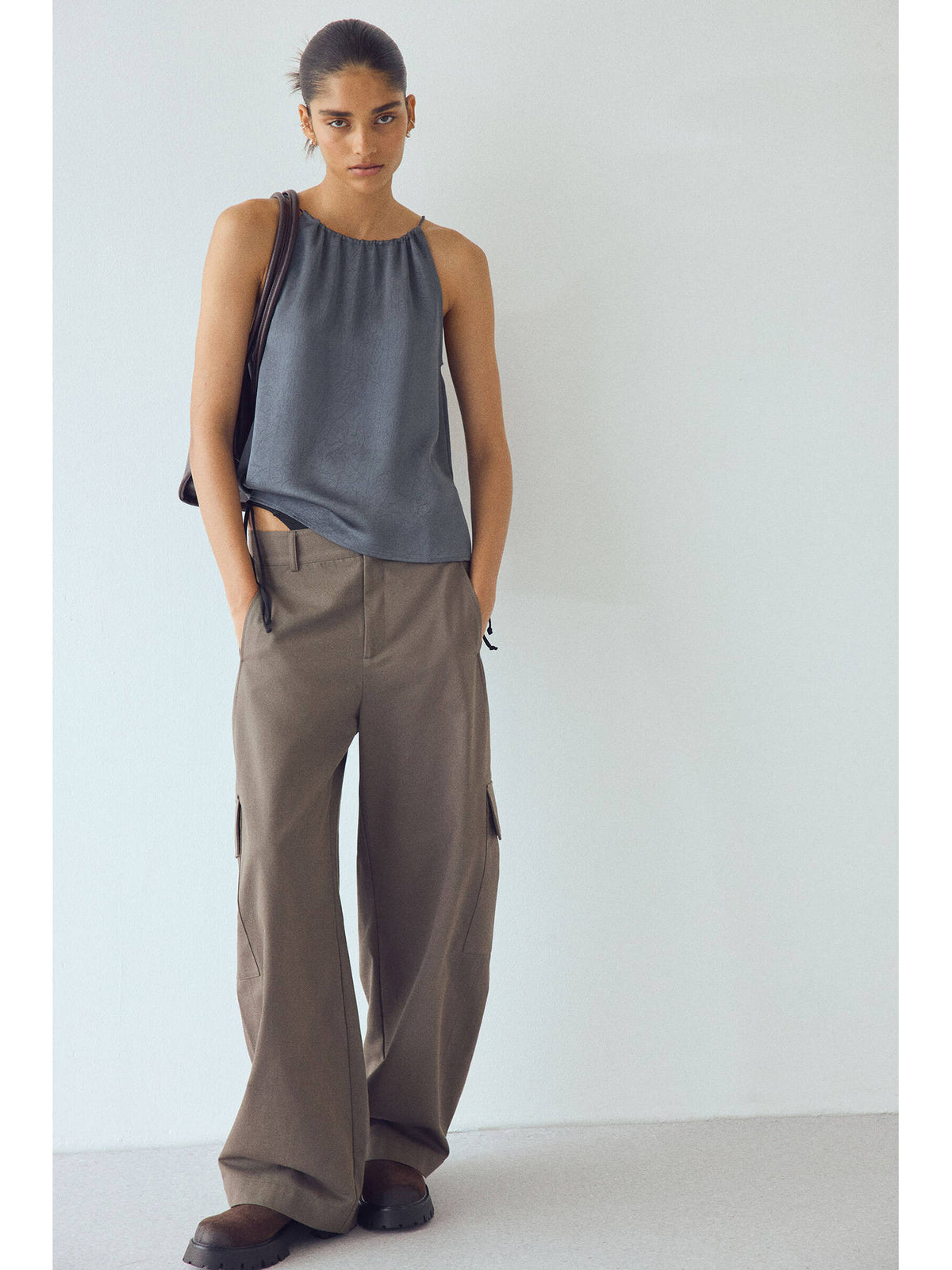 Women Grey Crinkled Satin Top | HT67 - view 2