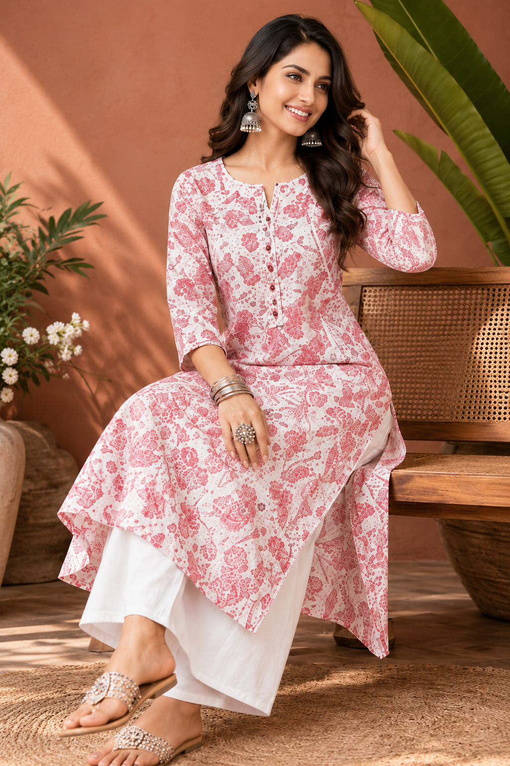 Rose Pink Floral Printed Kurta with White Bottoms