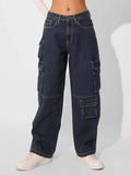 Solids Mid Blue Baggy Fit Womens Cargo Jeans | BG78 - view 1
