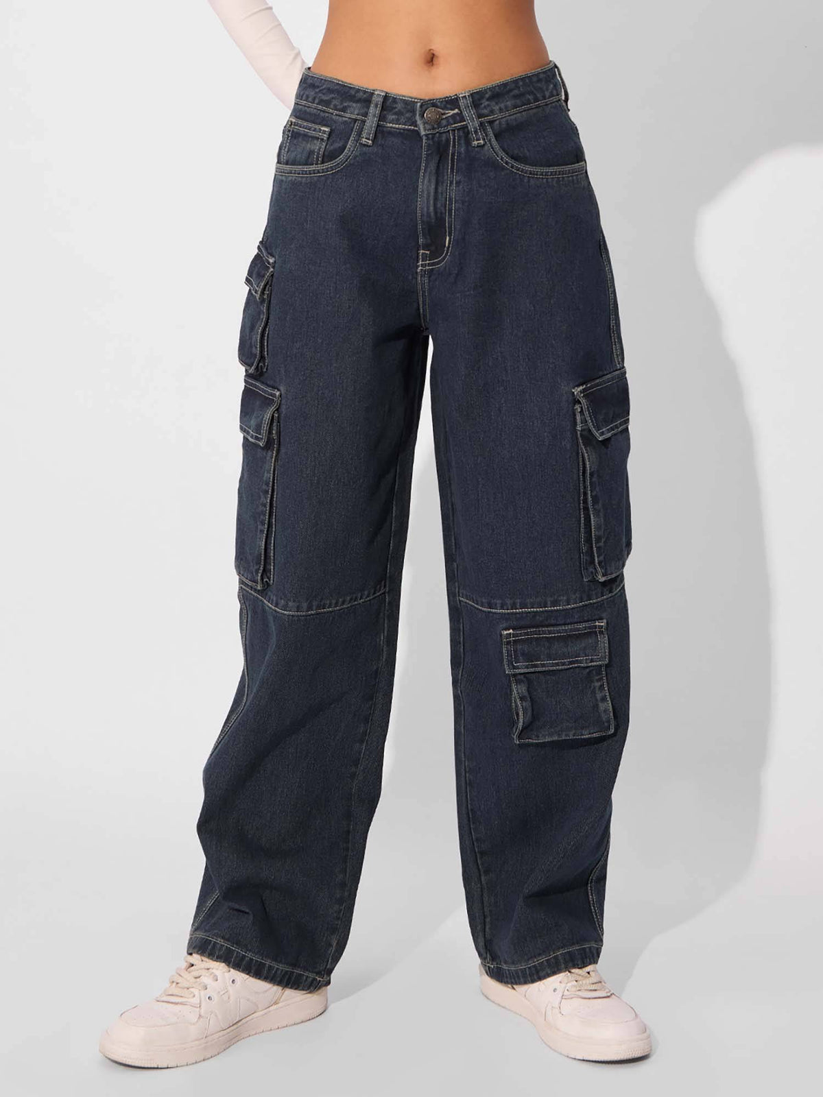 Solids Mid Blue Baggy Fit Womens Cargo Jeans | BG78 - view 1