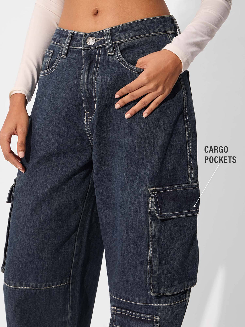 Solids Mid Blue Baggy Fit Womens Cargo Jeans | BG78 - view 2
