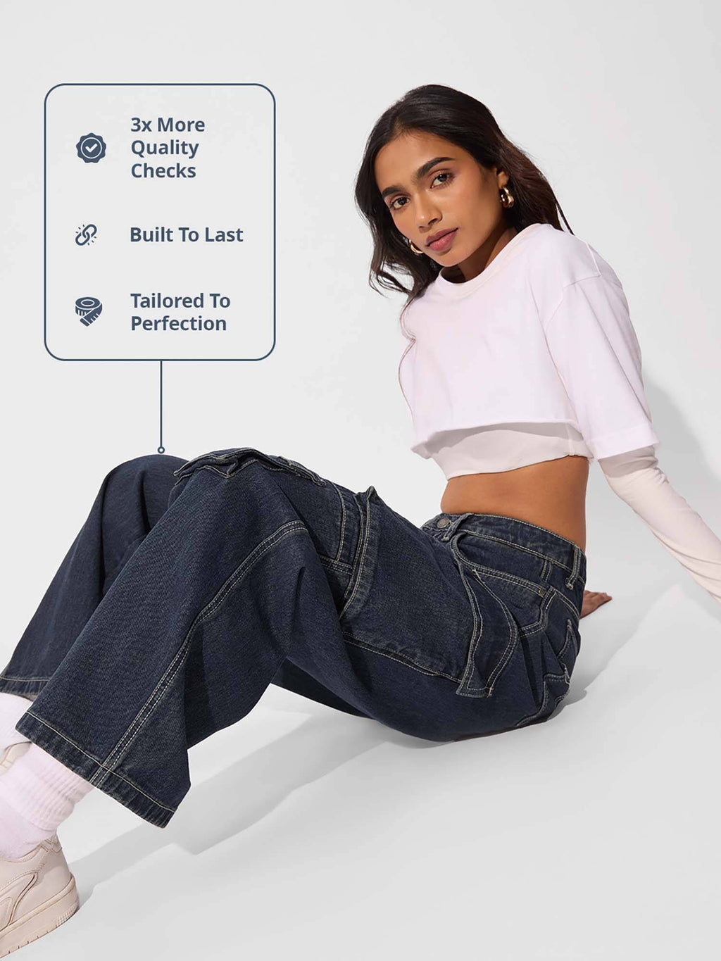 Solids Mid Blue Baggy Fit Womens Cargo Jeans | BG78 - view 3
