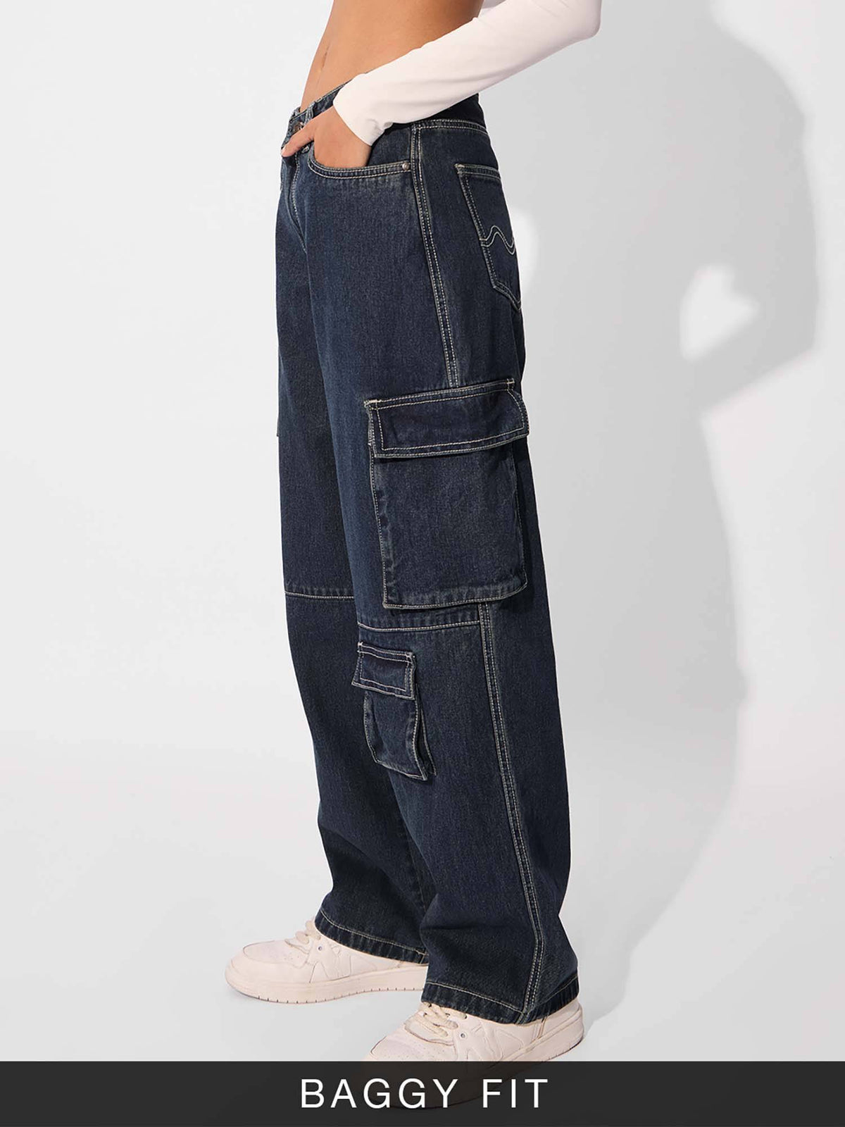 Solids Mid Blue Baggy Fit Womens Cargo Jeans | BG78 - view 4