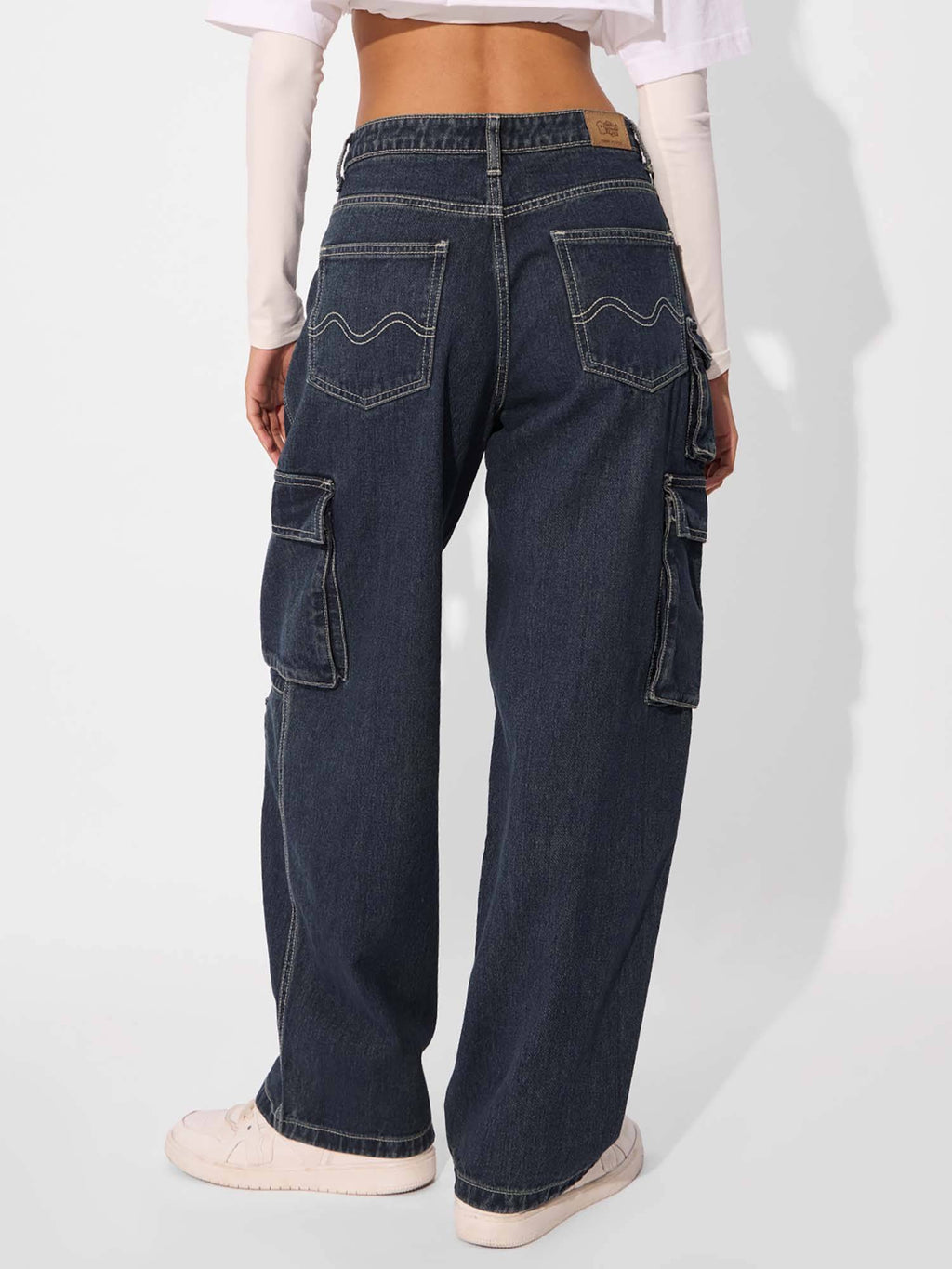 Solids Mid Blue Baggy Fit Womens Cargo Jeans | BG78 - view 5