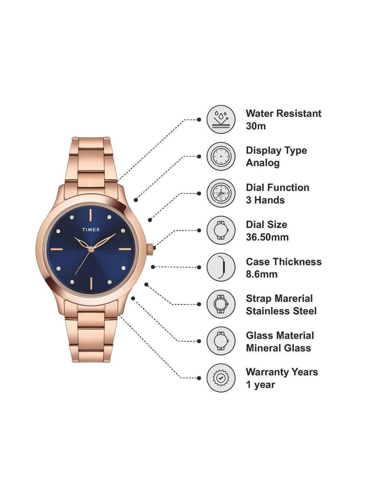 Round 21mm Blue Dial Analog Women Watch - TWEL98SMU08 | W92 - view 4