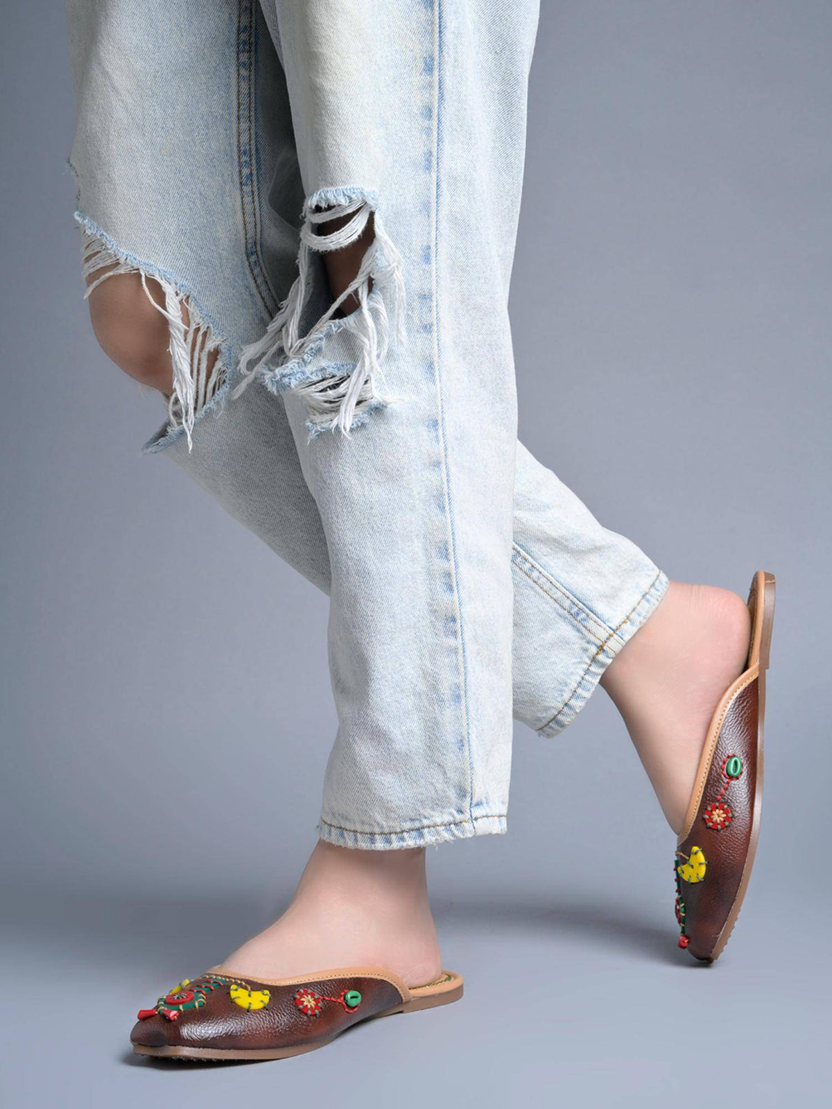 Women Tan Ethnic Handcrafted Embellished Mules | F61 - view 5