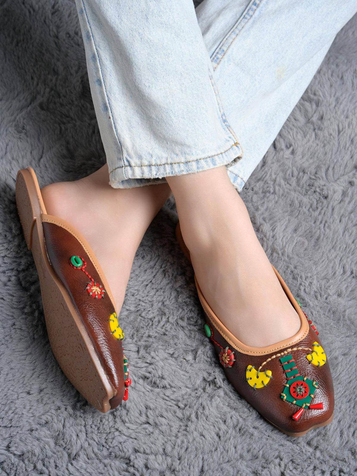 Women Tan Ethnic Handcrafted Embellished Mules | F61 - view 6