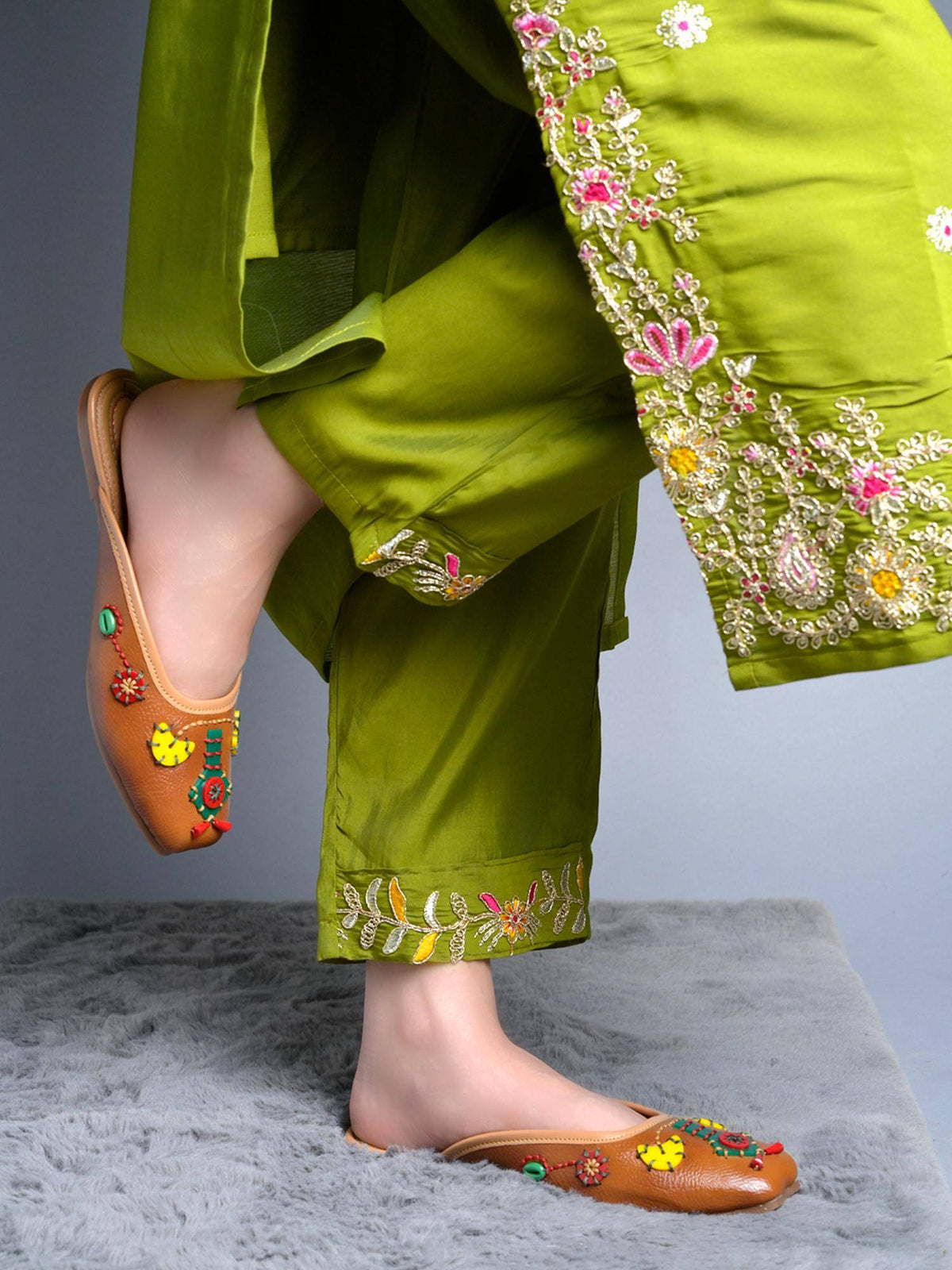 Women Tan Ethnic Handcrafted Embellished Mules | F61 - view 1
