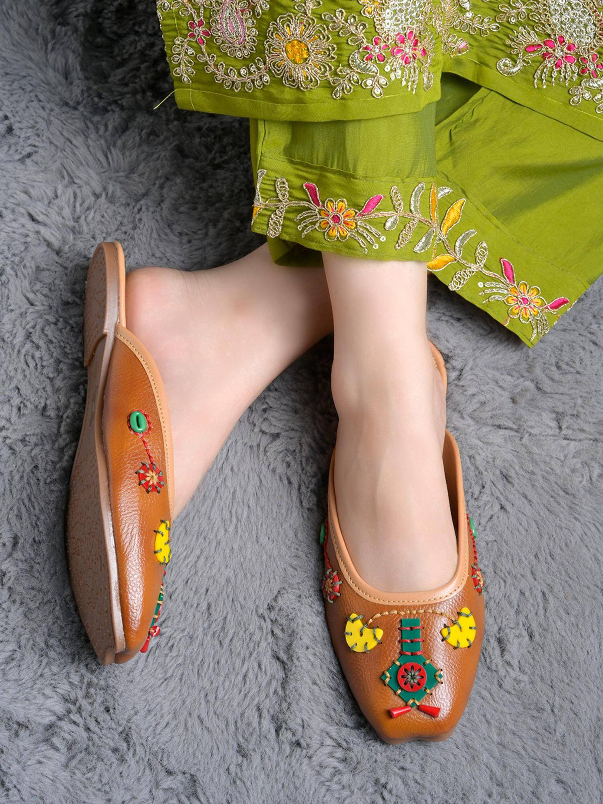 Women Tan Ethnic Handcrafted Embellished Mules | F61 - view 2