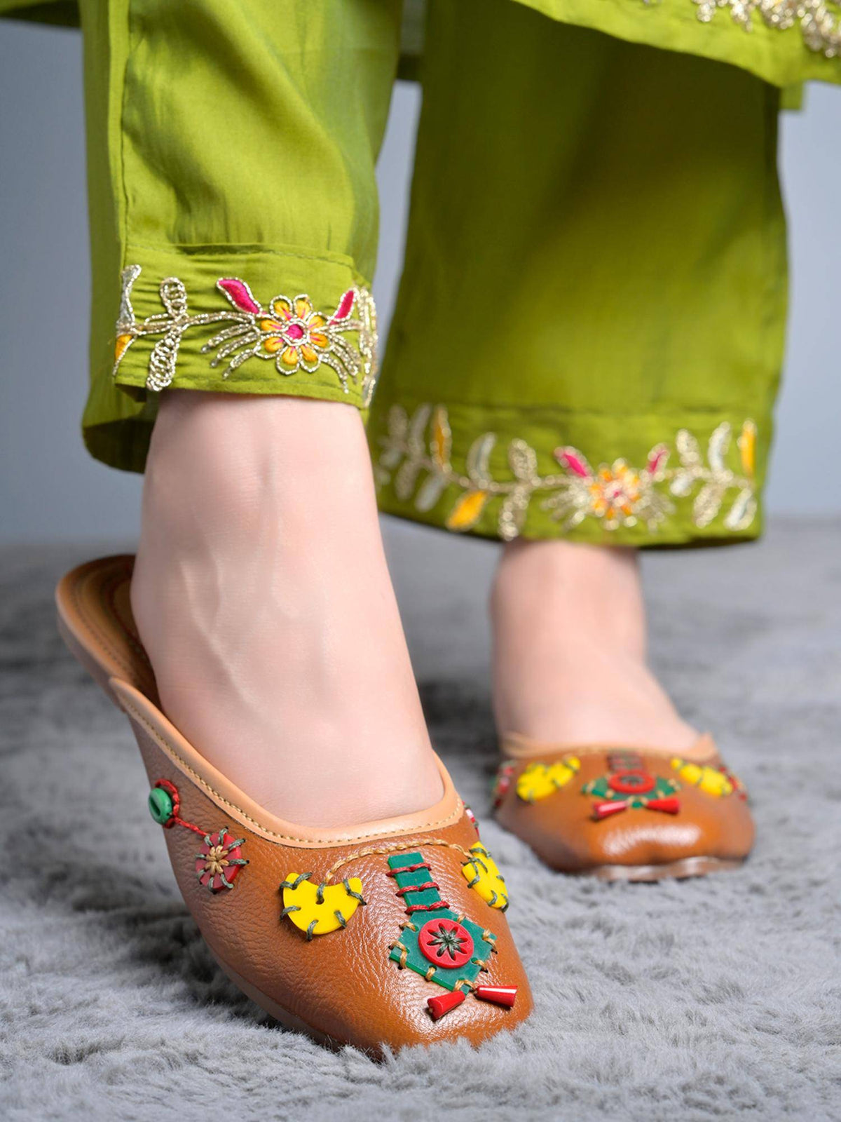 Women Tan Ethnic Handcrafted Embellished Mules | F61 - view 3