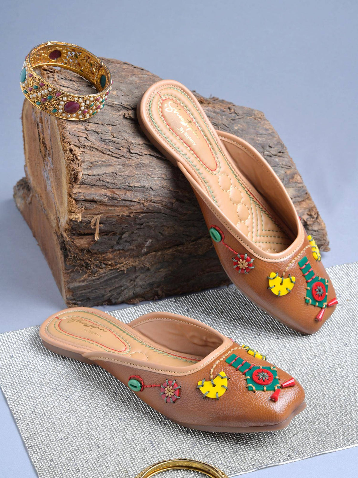 Women Tan Ethnic Handcrafted Embellished Mules | F61 - view 4
