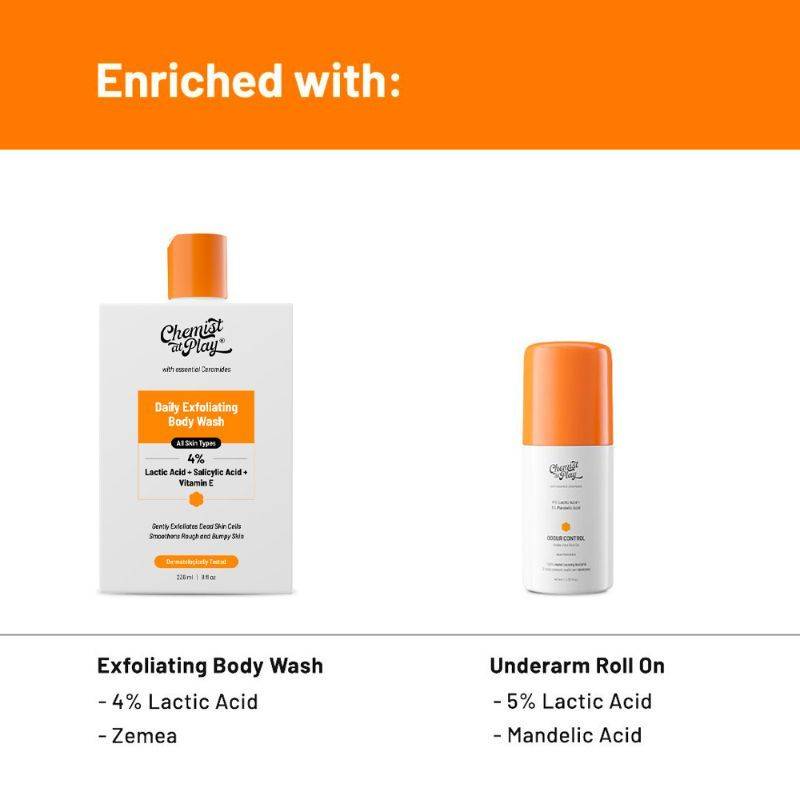 Lactic Acid Exfoliating Body Wash (236)& AHA Underarm Roll OnShower gel & Deo Combo | B20 - view 3