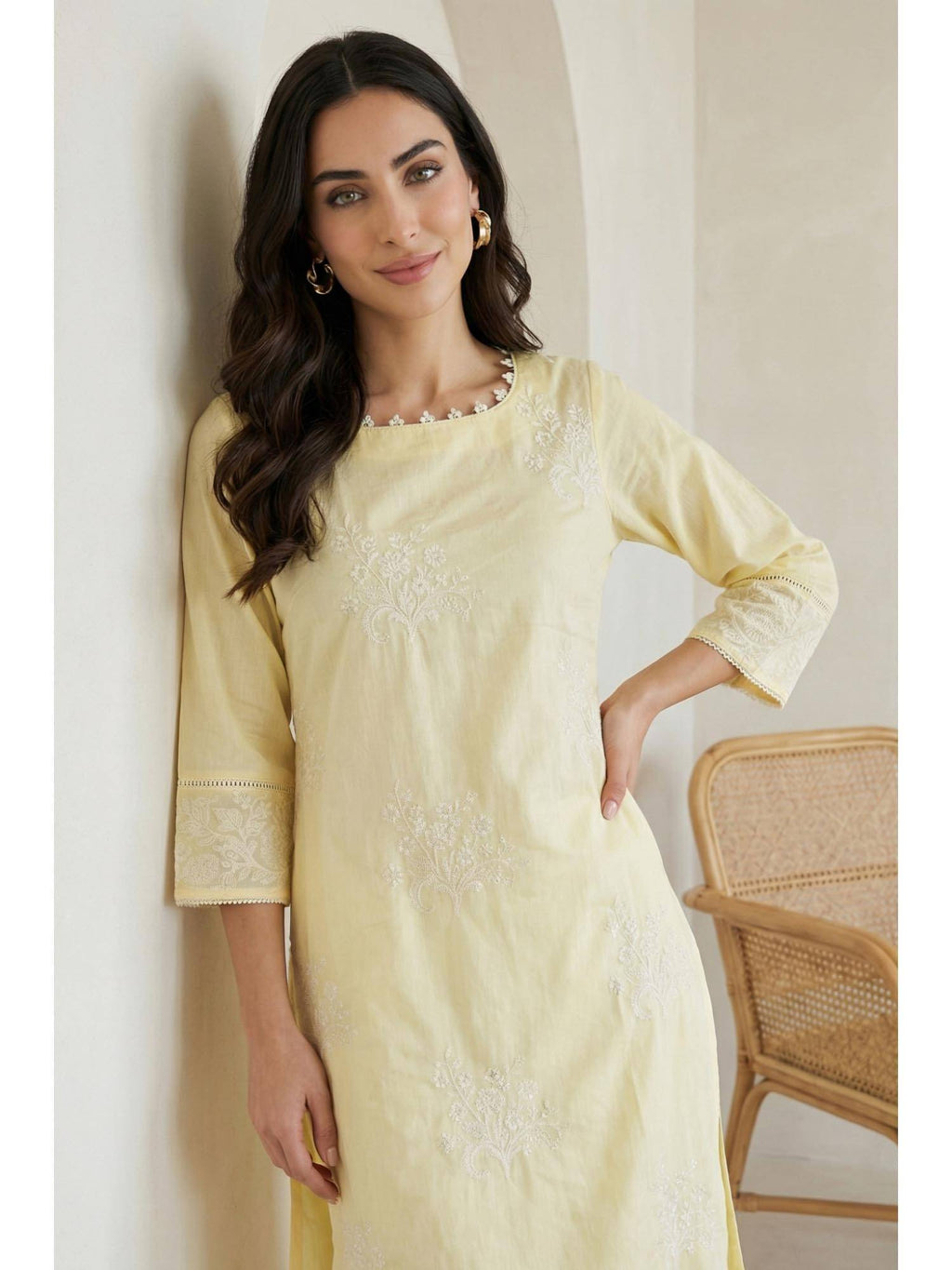 Yellow Embroidered Chanderi Straight Kurta | KDG - view 3