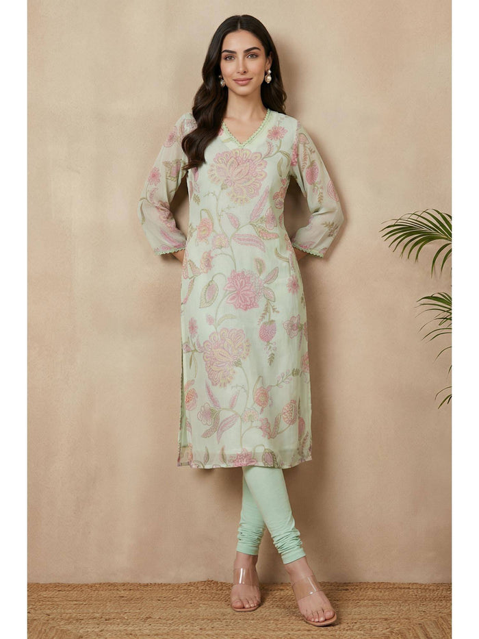 Sea Green Floral Printed Chiffon Straight Kurta | FY93 - view 1