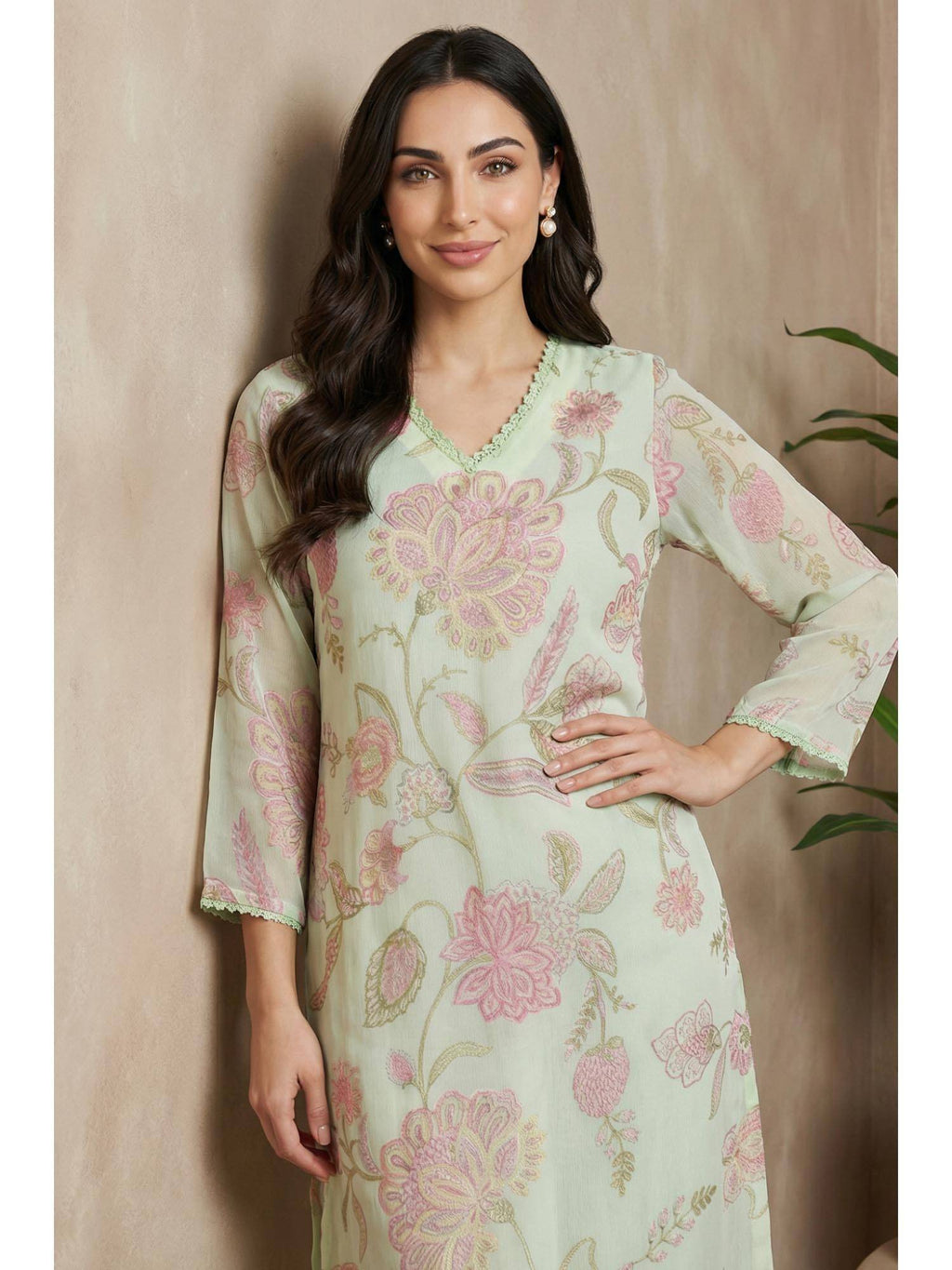 Sea Green Floral Printed Chiffon Straight Kurta | KDG - view 3