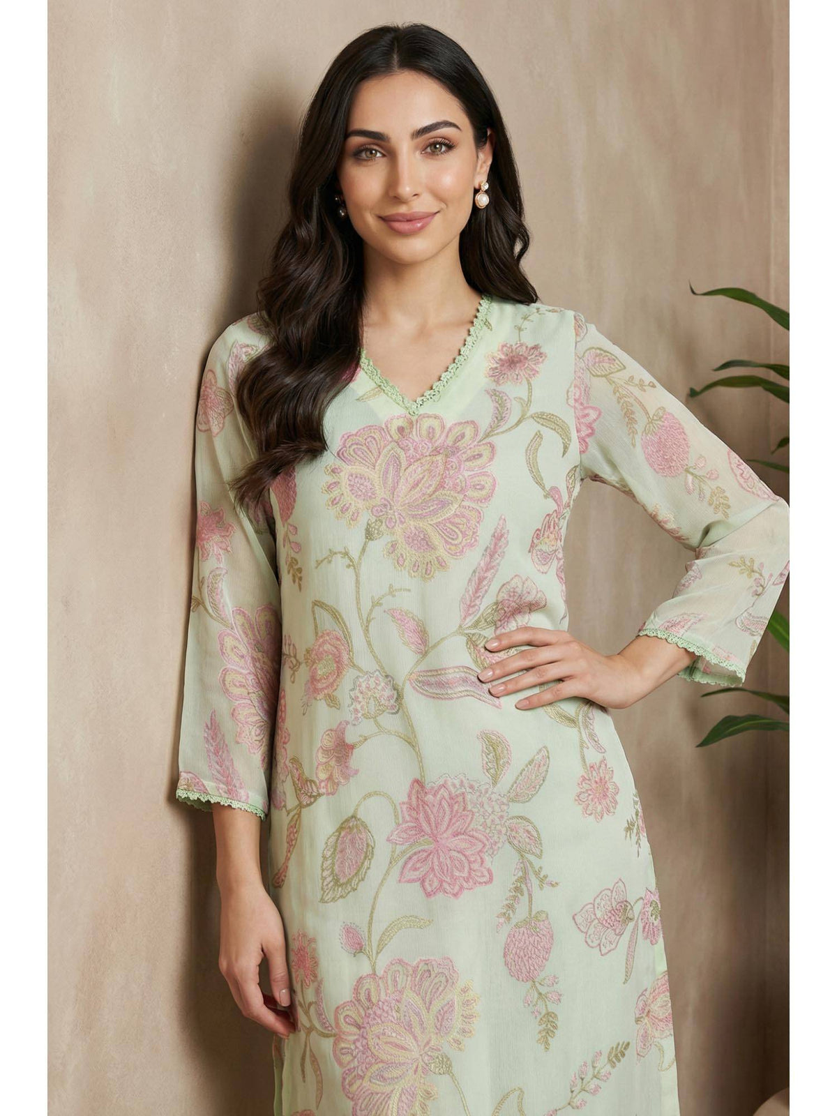 Sea Green Floral Printed Chiffon Straight Kurta | KDG - view 3