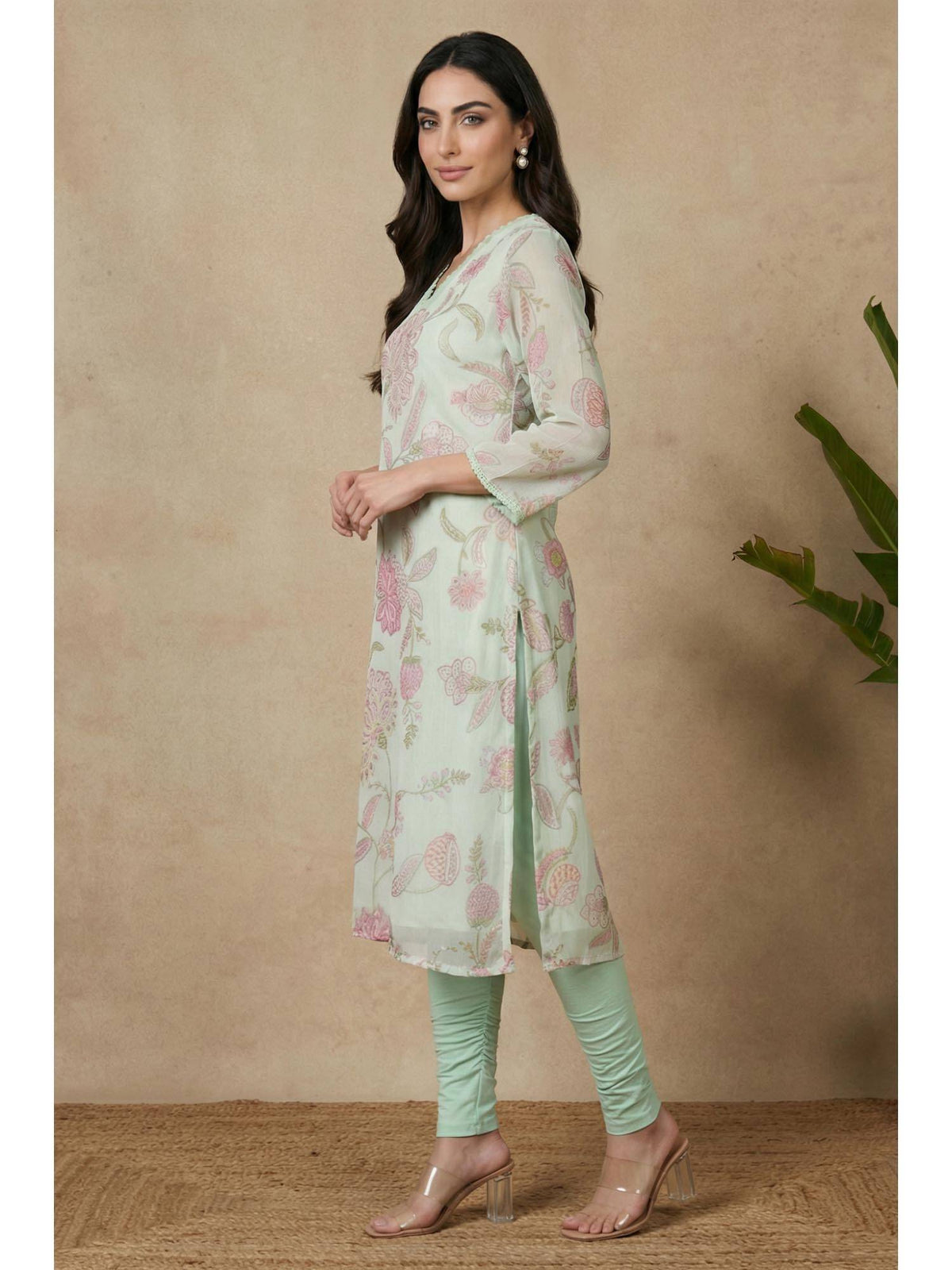 Sea Green Floral Printed Chiffon Straight Kurta | KDG - view 4