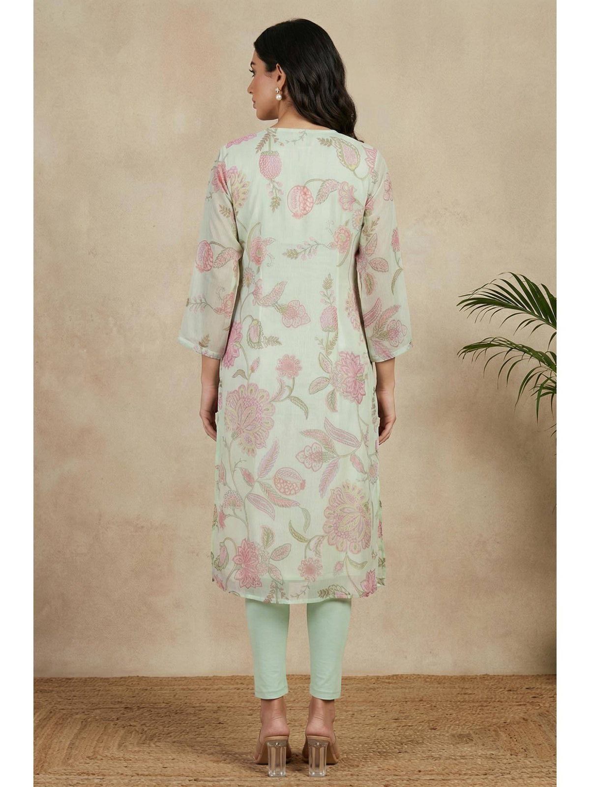 Sea Green Floral Printed Chiffon Straight Kurta | KDG - view 5