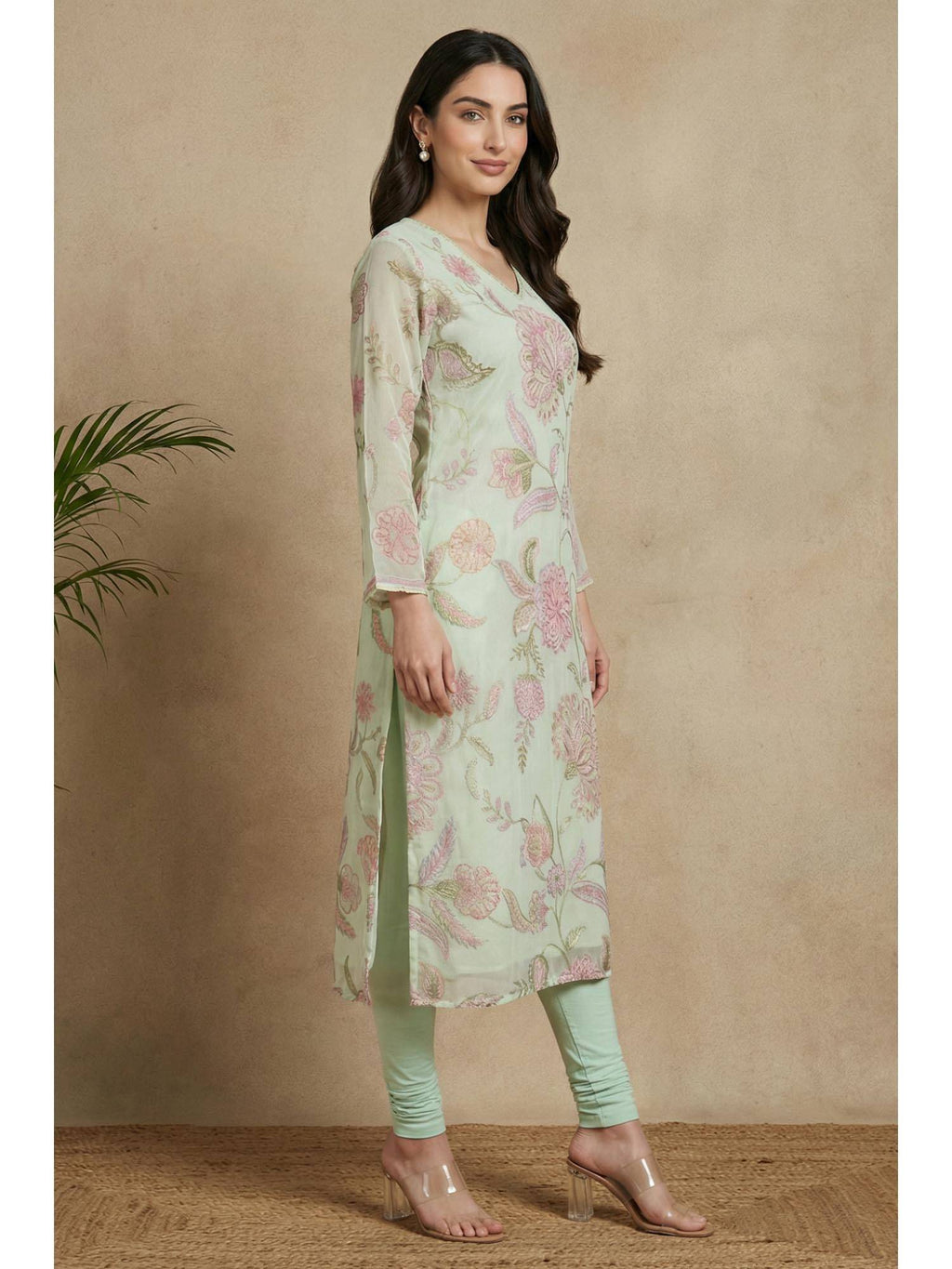 Sea Green Floral Printed Chiffon Straight Kurta | KDG - view 6