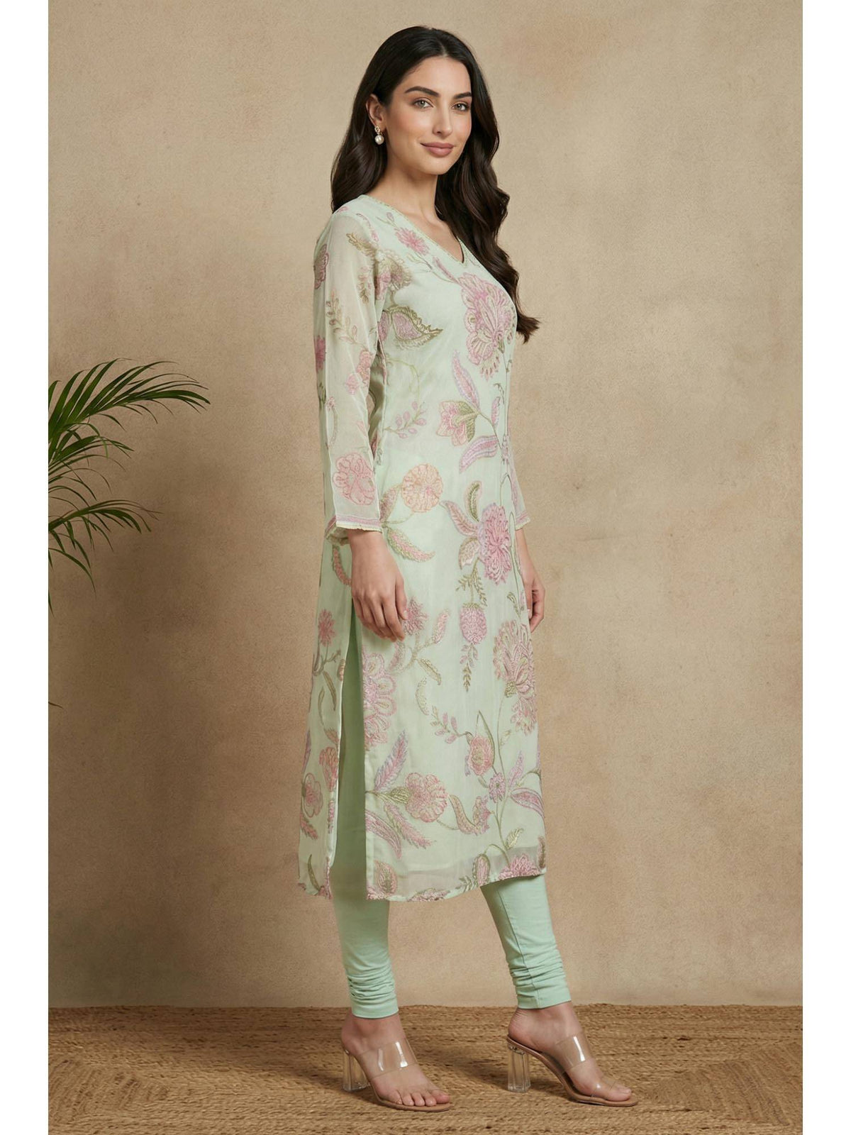 Sea Green Floral Printed Chiffon Straight Kurta | KDG - view 6