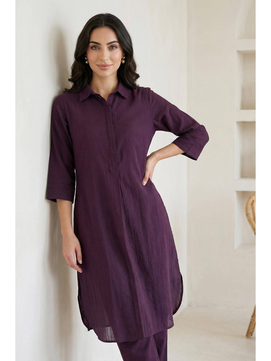 Burgundy Solid Pure Cotton Straight Kurta | KDG - view 3