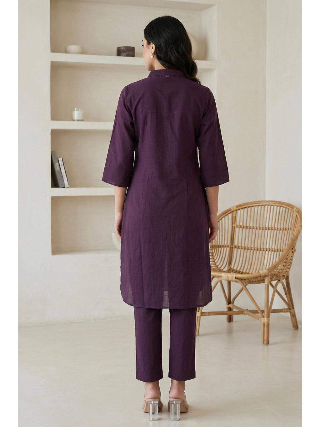 Burgundy Solid Pure Cotton Straight Kurta | U3S - view 5