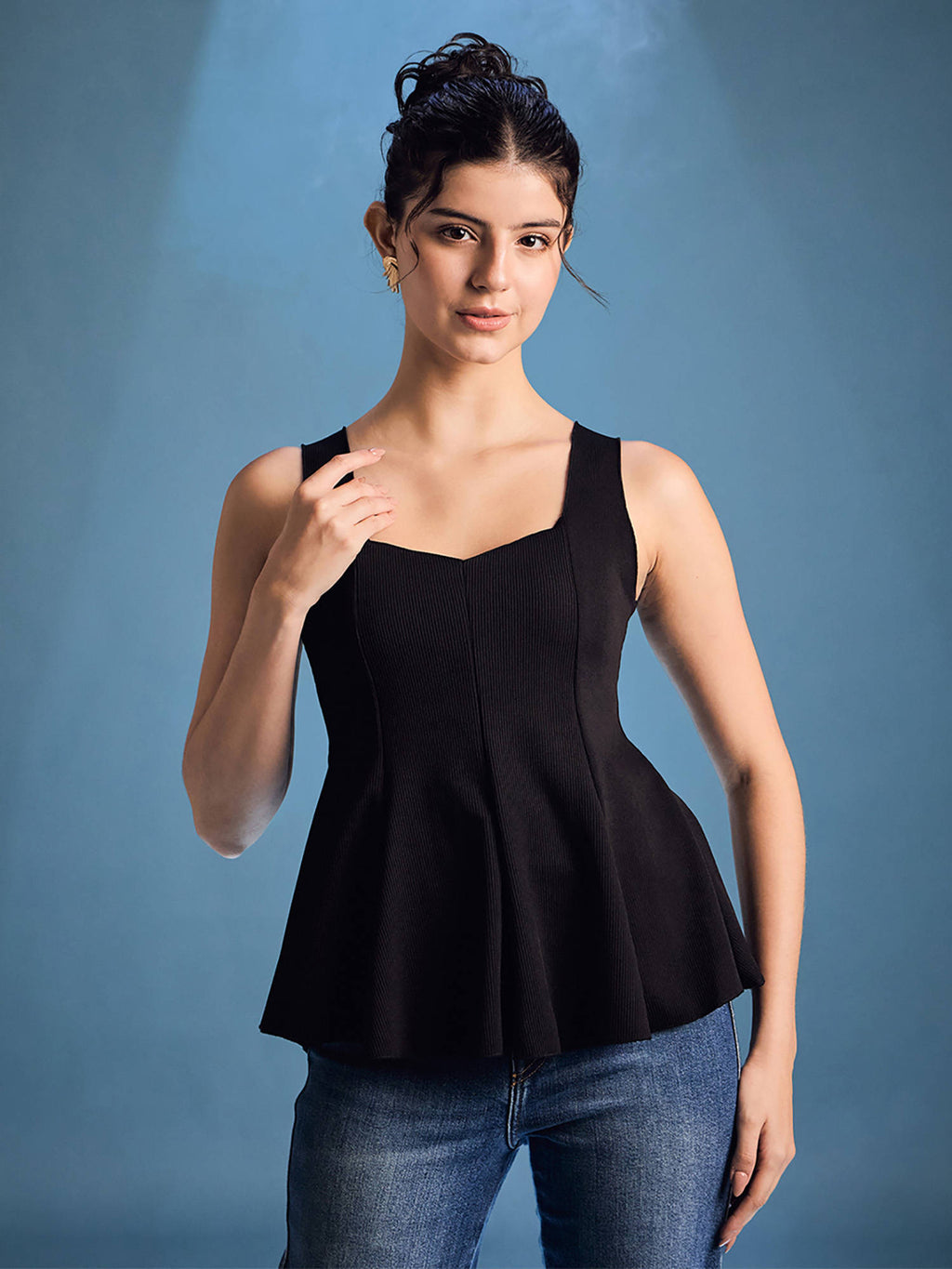 Black Stretchable Panelled Peplum Top | pt51 - view 2