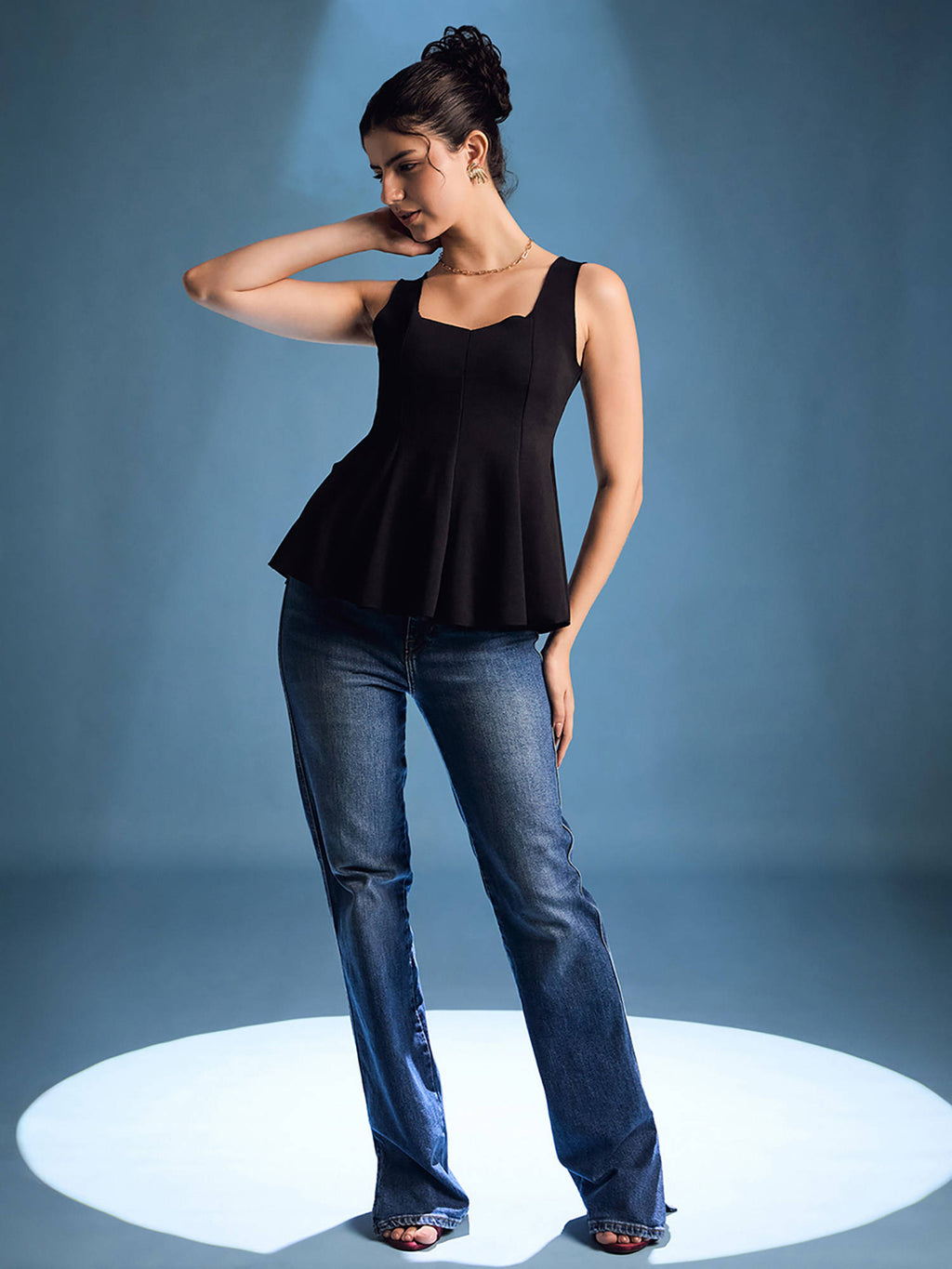 Black Stretchable Panelled Peplum Top | pt51 - view 3