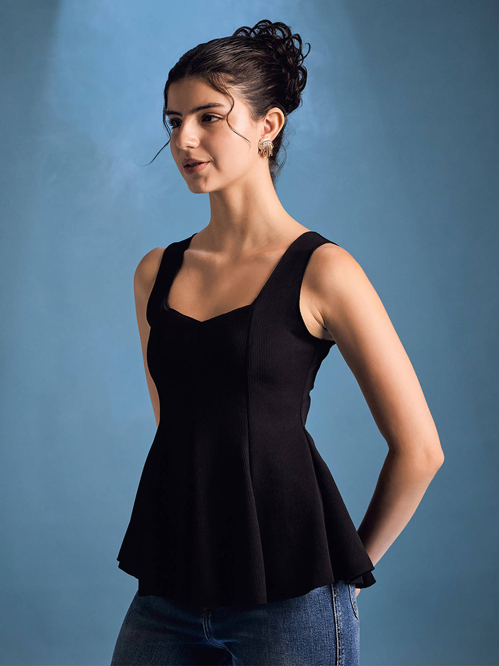 Black Stretchable Panelled Peplum Top | pt51 - view 4