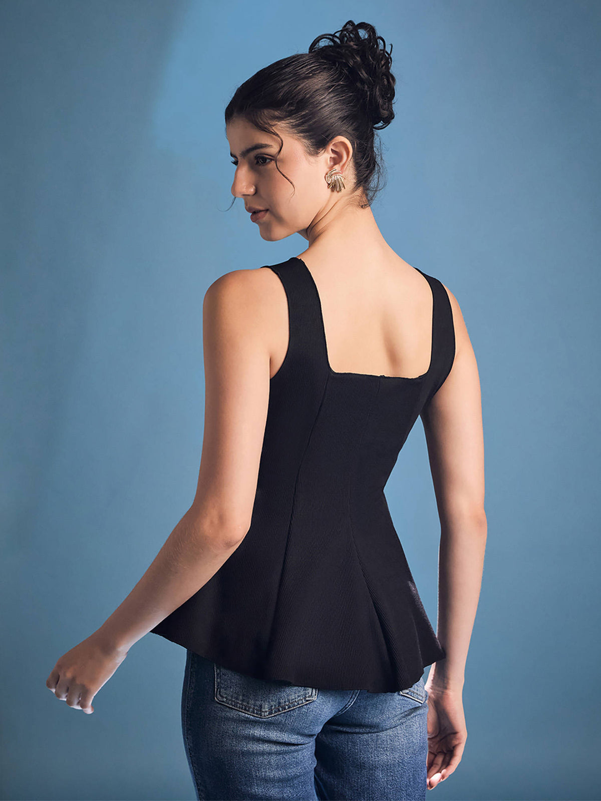 Black Stretchable Panelled Peplum Top | pt51 - view 5