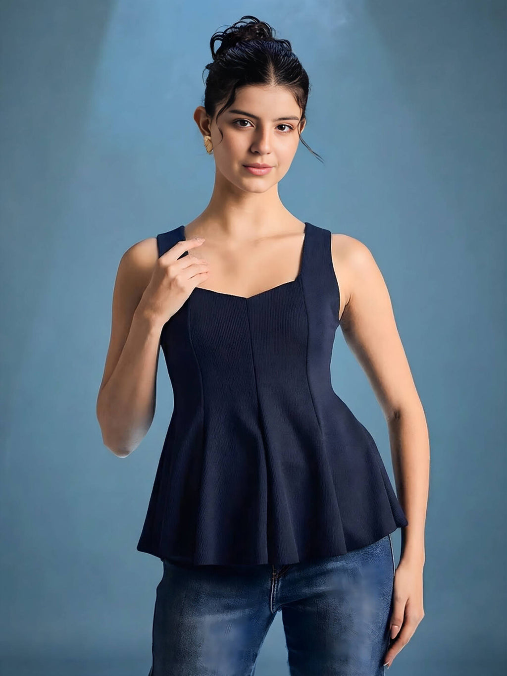Navy Blue Stretchable Panelled Peplum Top | pt51 - view 2
