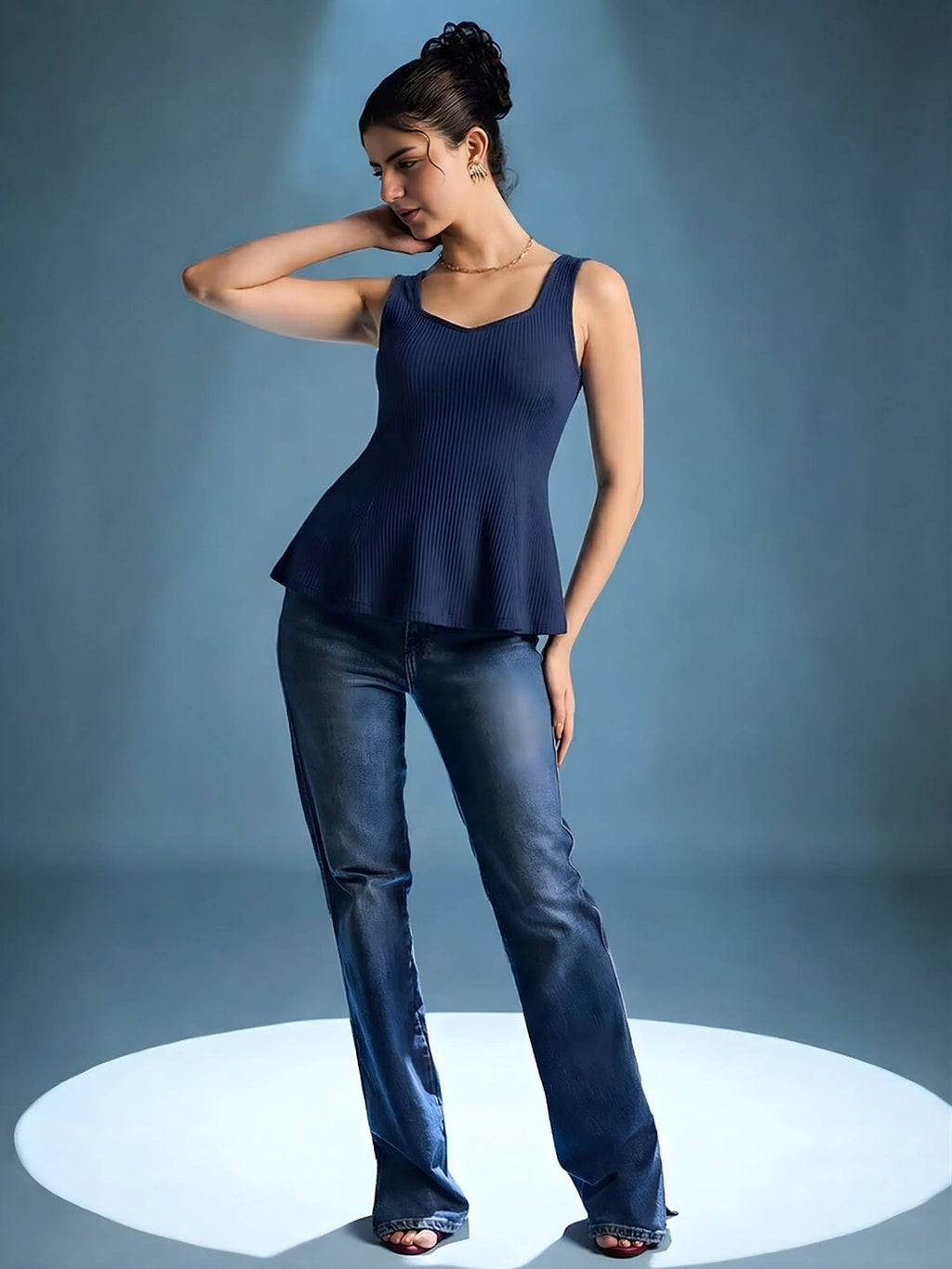 Navy Blue Stretchable Panelled Peplum Top | pt51 - view 3