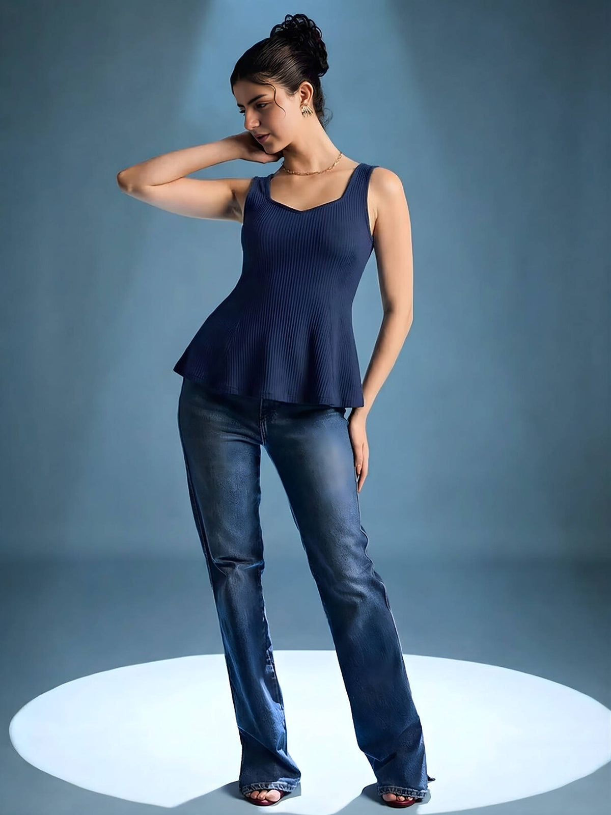 Navy Blue Stretchable Panelled Peplum Top | pt51 - view 3
